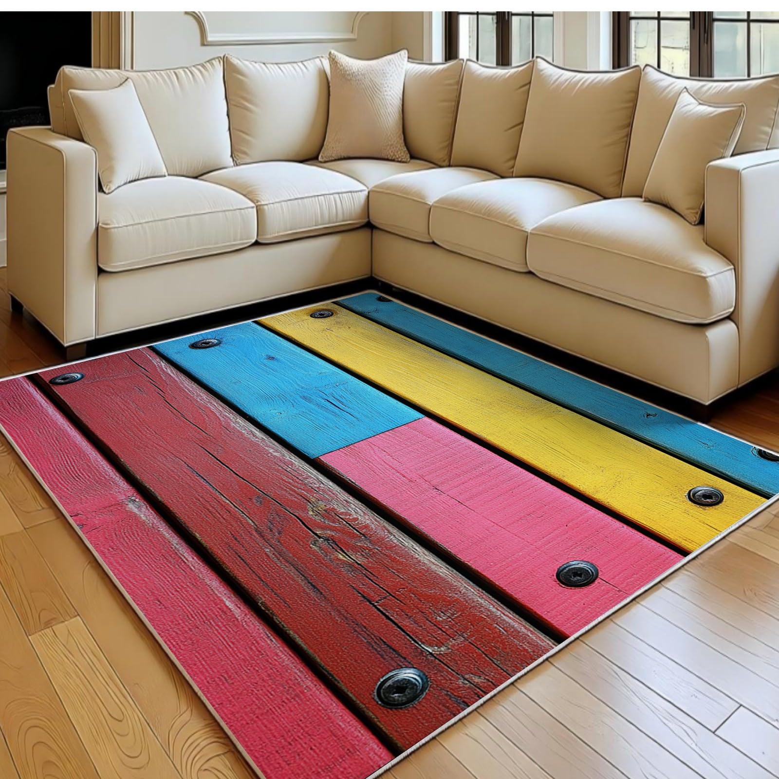 Tapis enfant 180x270 cm effet planches en bois rétro rouge à poil court