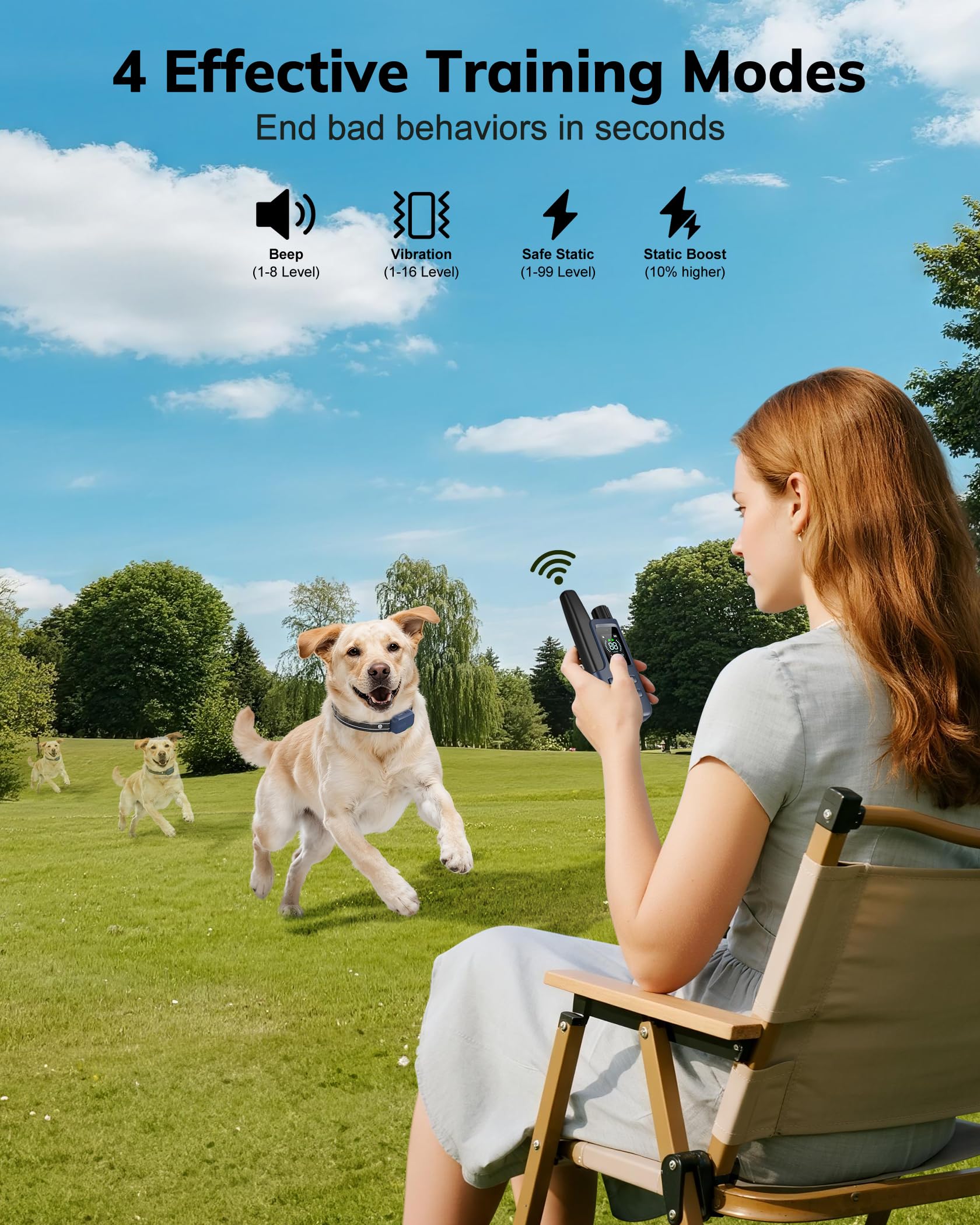 The HapTop 4500FT dog training collar features a durable, waterproof design with a remote offering extensive range.