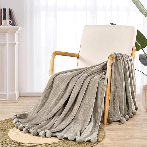 Miniatura 4 de Manta con pompones para sofá, manta de franela de vellón con borlas de flecos de pompones, manta de felpa, esponjosa, acogedora, cálida, suave,