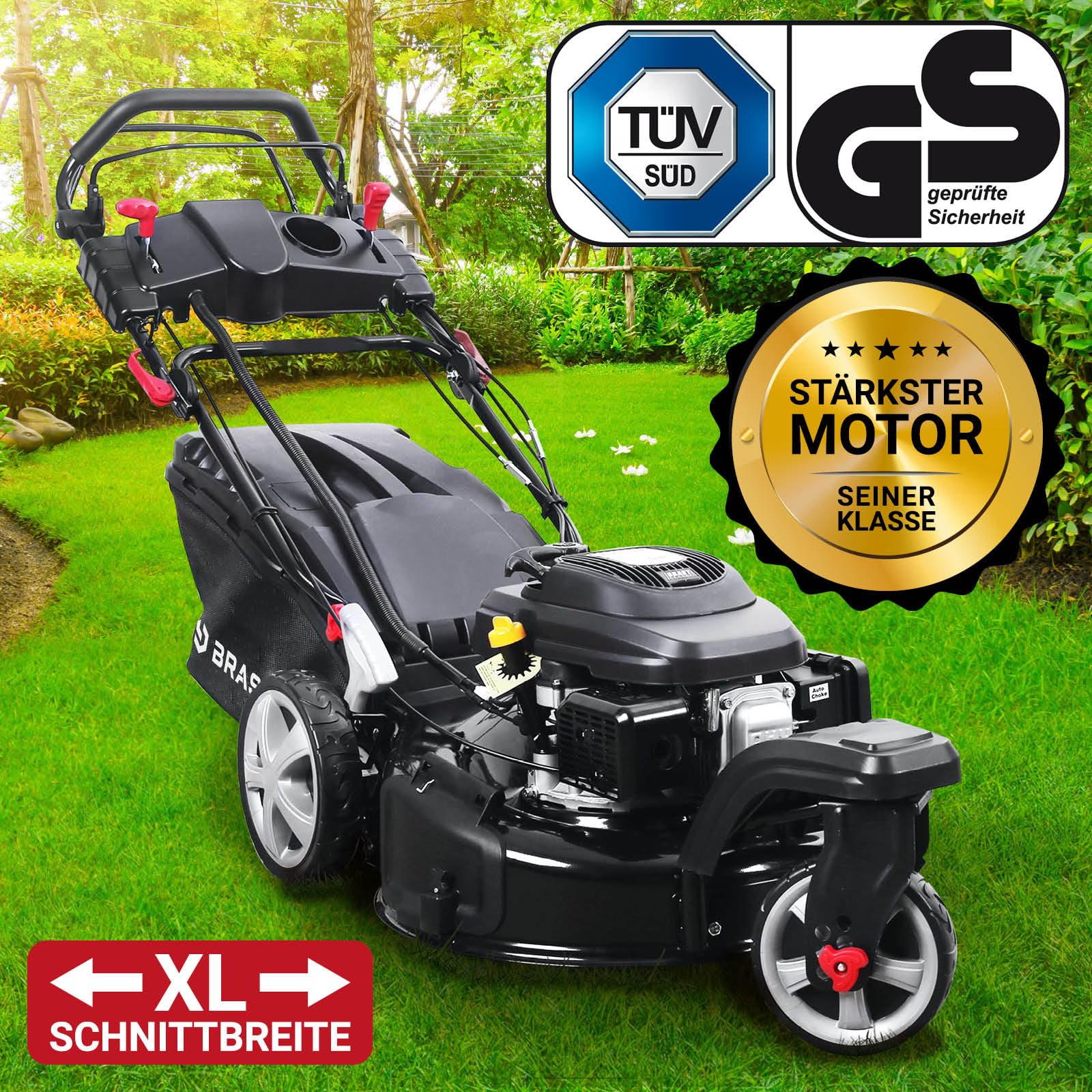 BRAST Benzin Rasenmäher Trike mit Antrieb | 5,2kW(7PS) | Elektrostart | 53cm Schnittbreite | viele Modelle | TÜV | 4 Takt OHV Motor | 30-80mm Schnitthöhe | 60L Fangkorb | Stahlgehäuse | ESTART Speed