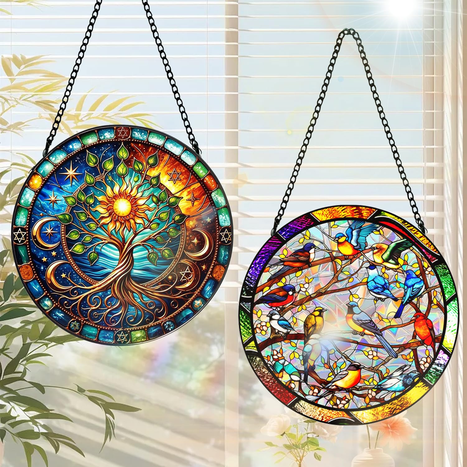 2pcs Attrape-Soleil en Vitrail à Suspendre, 20cm Attrape Soleil Vitrail Arbre de Vie, Attrape-Soleil Colibri, Attrape-Soleil en Acrylique avec Chaîne à Suspendre pour Fenêtre, Terrasse, Mur, Jardin