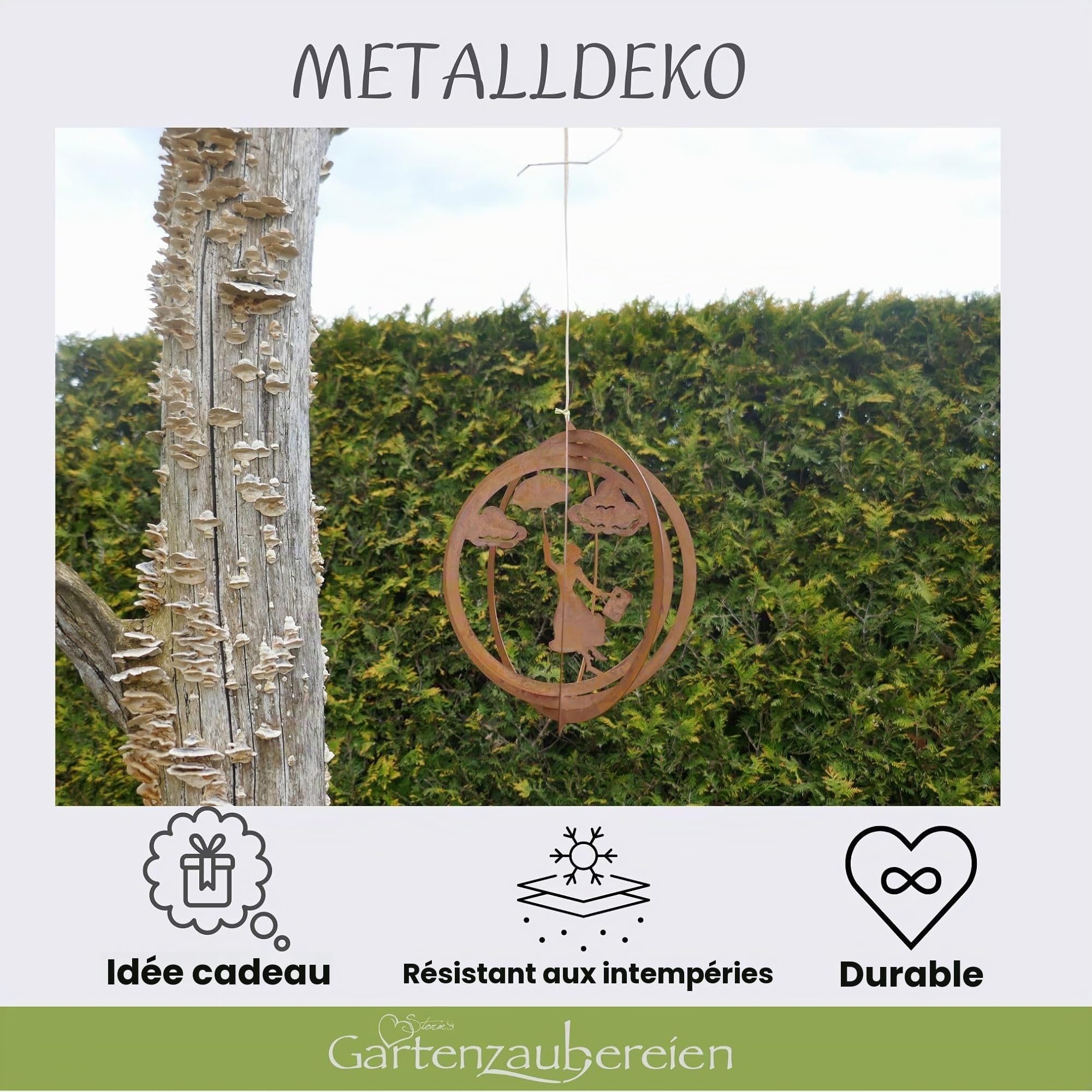 Carillon à vent flottant Mary - Décoration de jardin suspendue en métal aspect rouille - Diamètre 24 cm - Pour balcon et jardin