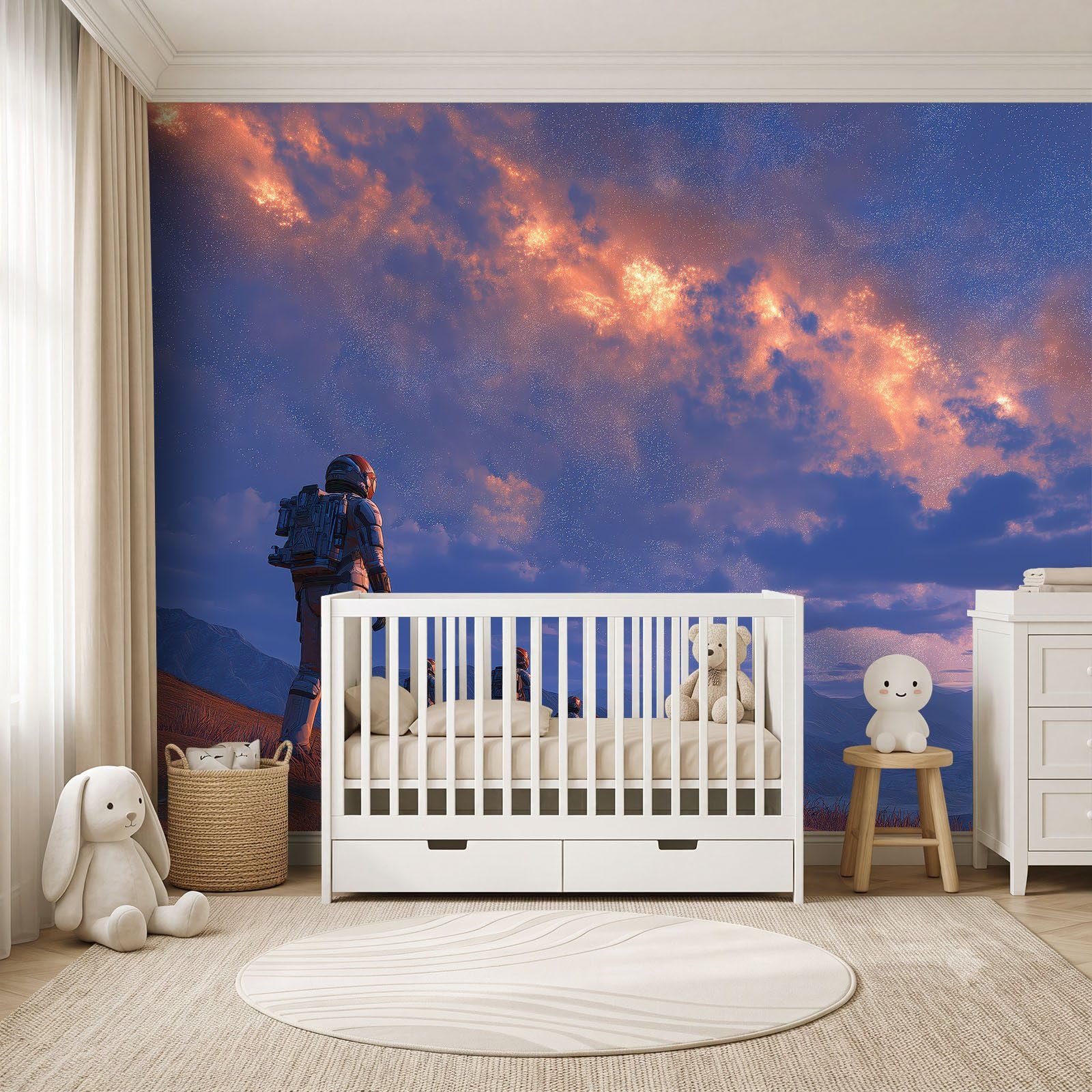 Fototapeta 3D, 250 x 175 cm (szer. x wys.), tapeta z włókniny, do sypialni, salonu, kosmosu, fantazji, tapeta ścienna, fototapeta, dekoracja ścienna, pokój dziecięcy, astronauta, góry, gwiaździste