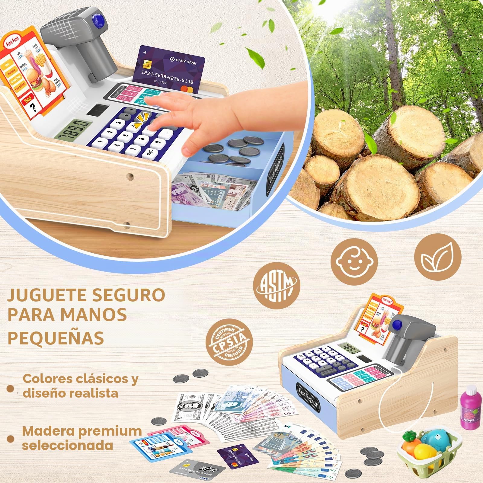 2026 Caja Registradora Juguetes de Madera con Calculadora de Escáner para Niños Niñas 3+ Años, Juguetes de Tienda Juegos Simulación Regalos Educativos para Niños Pequeños 3 4 5 6 7 Años, Blanco&Azul
