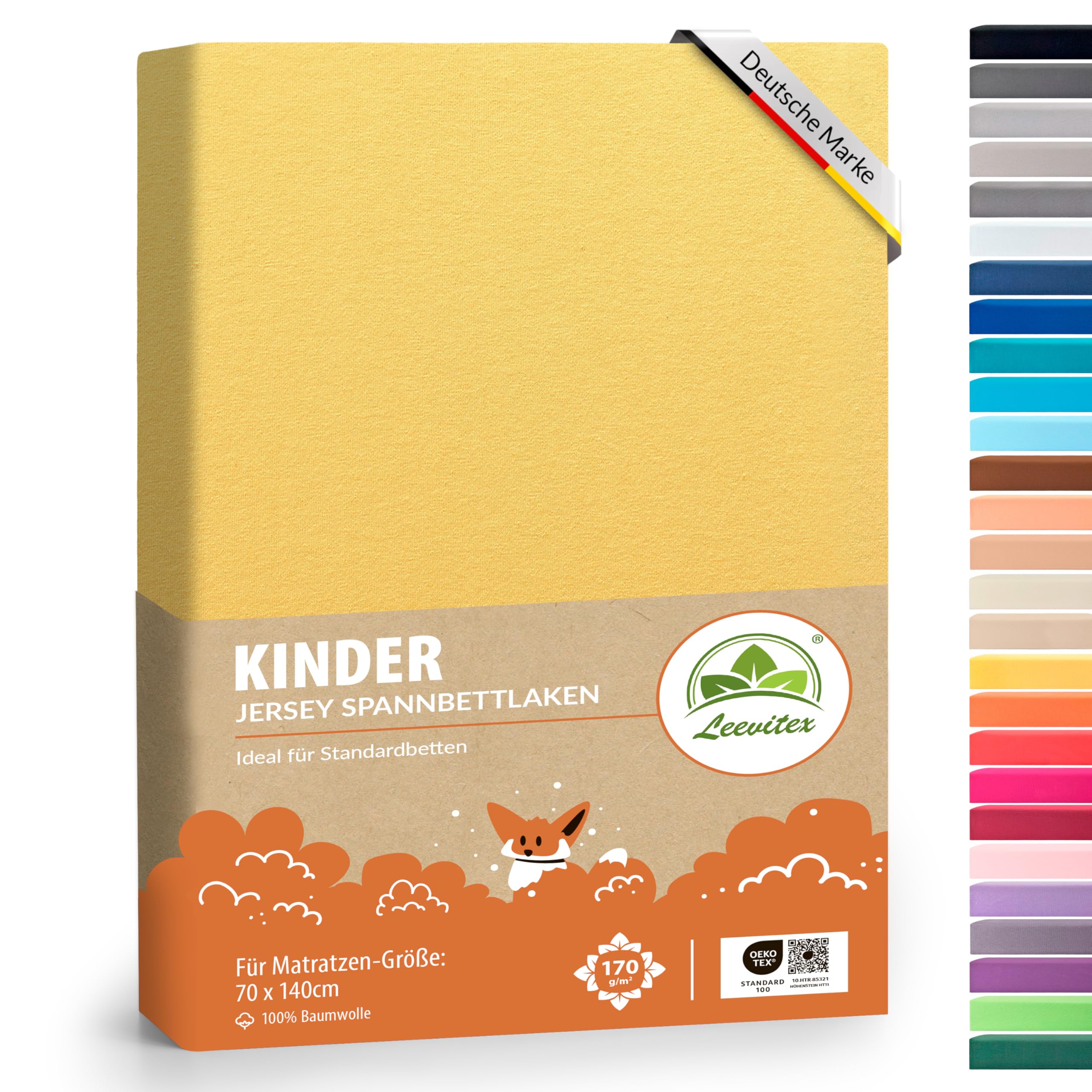 Premium Kinder Spannbettlaken leevitex® | 1er Set | Für Babybett & Kinderbett 70 x 140 cm | 100% hochwertige Mako-Jersey-Baumwolle - 170 g/m² | Öko Tex geprüft | Gelb