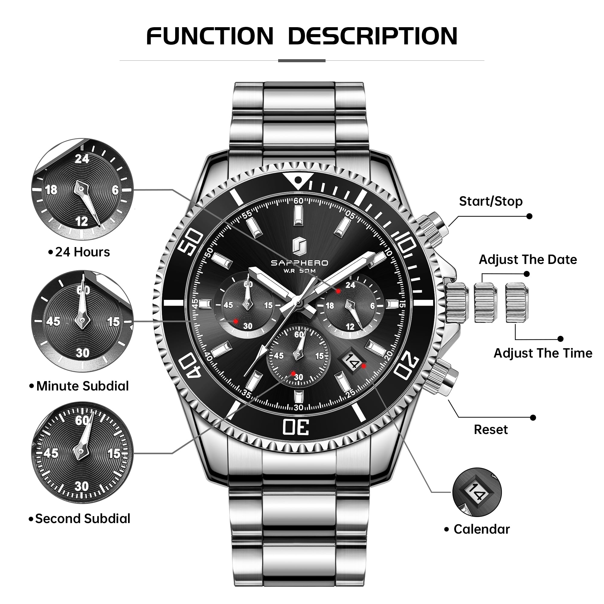 SAPPHERO Montre Homme en Acier Inoxydable Chronographe 50M Etanche Montres Analogique Quartz Date Classique Luxe Mode Montres Cadeau Élégant pour Hommes