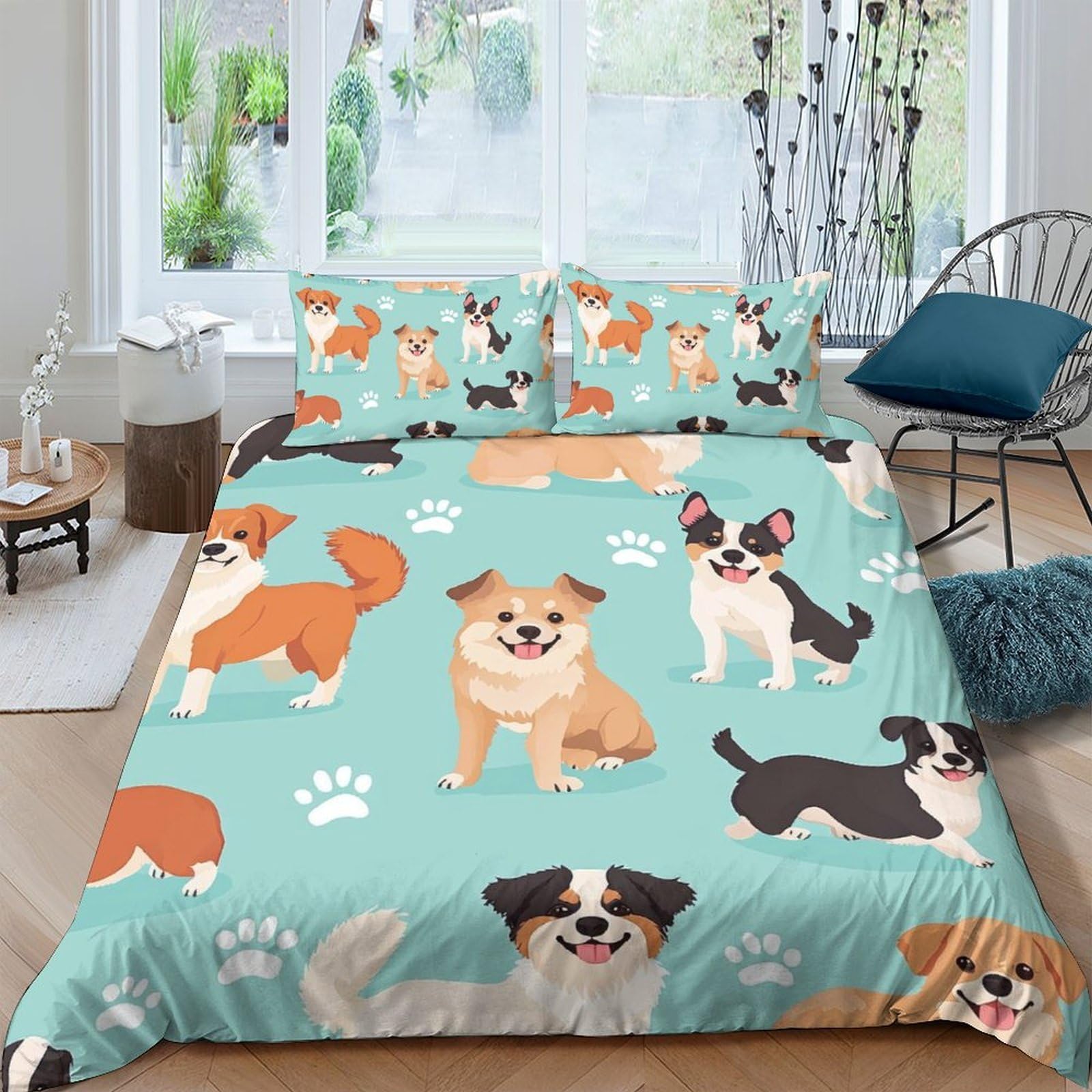Ctjqhvkz Style-6 3D Printed Cartoon Dog Fitted Sheet Microfiber Soft Blue Pet Paw Mattress Cover For Bedroom Dorm Home Decor Single（135X200cm）