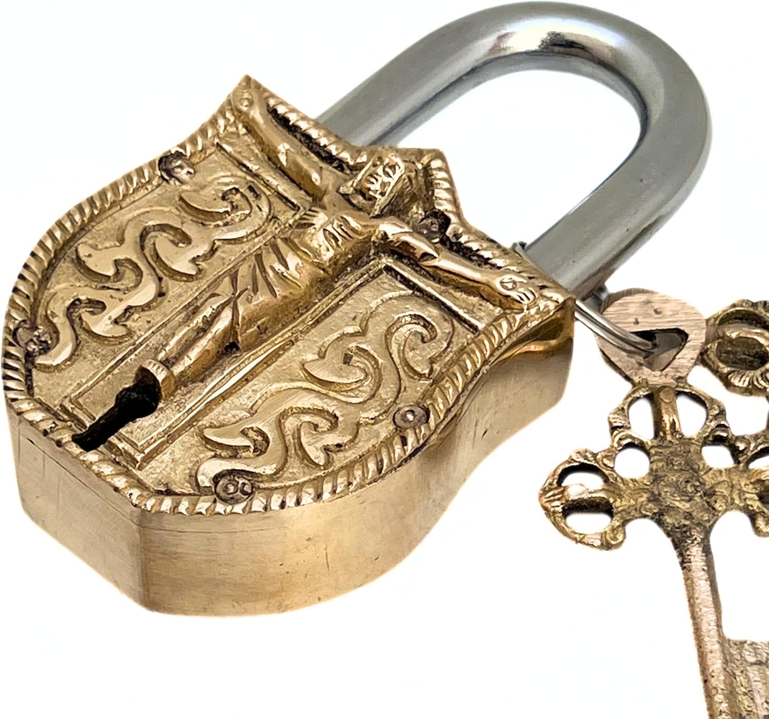 Shiny Brass Church Lock Vintage Padlock with Embossed Jesus Christ Design – Decorative & Functional for Front Gates, Farm Gates, Villas, and Collectibles, Antique-Style Lock for Religious Décor