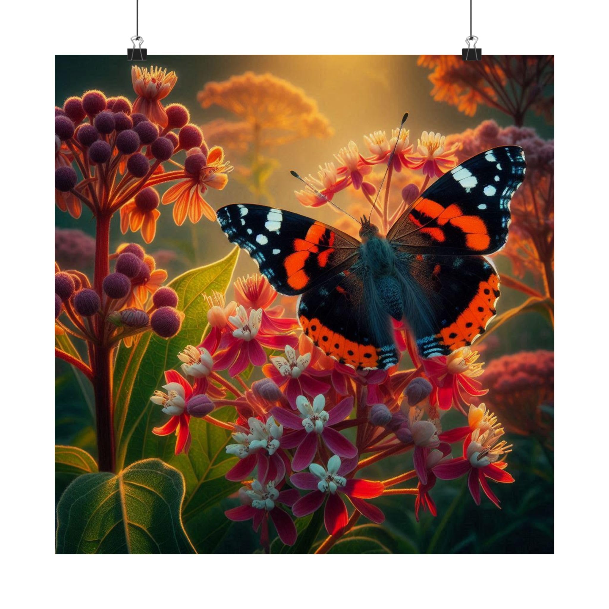 Swamp Milkweed and Red Admiral Butterfly Matte Poster - Made in USA - 18x18 Inch