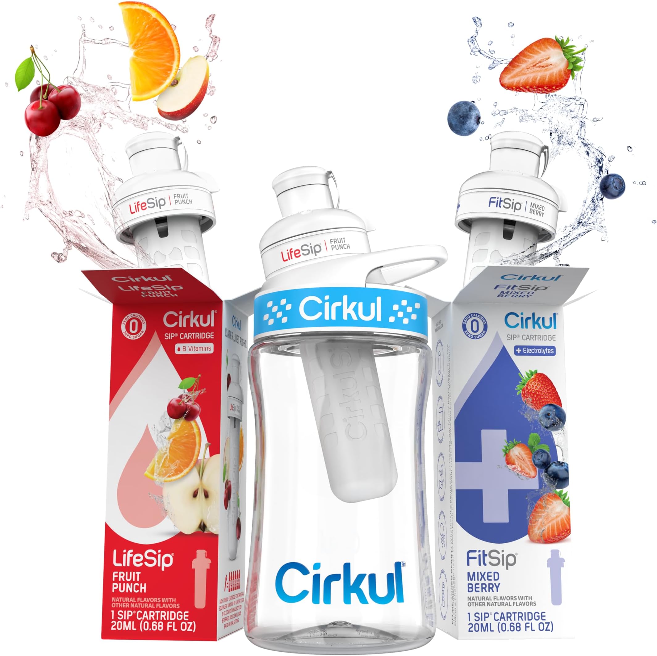 Cirkul 12 oz Plastic Water Bottle Starter Kit with Blue Lid and 2 Flavor Cartridges (Fruit Punch & Mixed Berry)