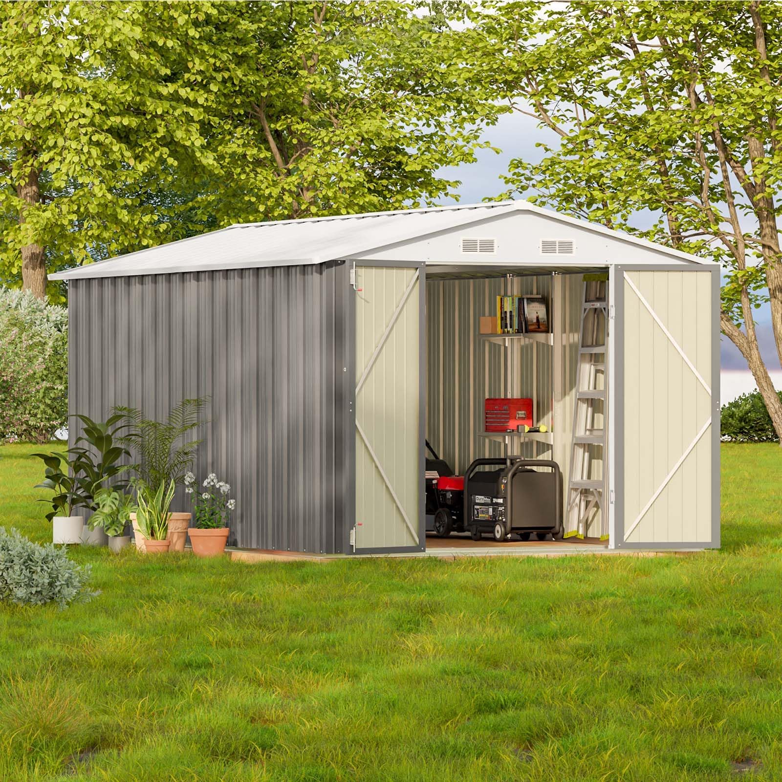 Patiowell 8' x 12' Metal Storage Shed for Outdoor with Detachable Storage Rack, Steel Yard Shed with Design of Lockable Doors, Utility and Tool Storage for Garden, Backyard, Patio, Outside Use, Grey