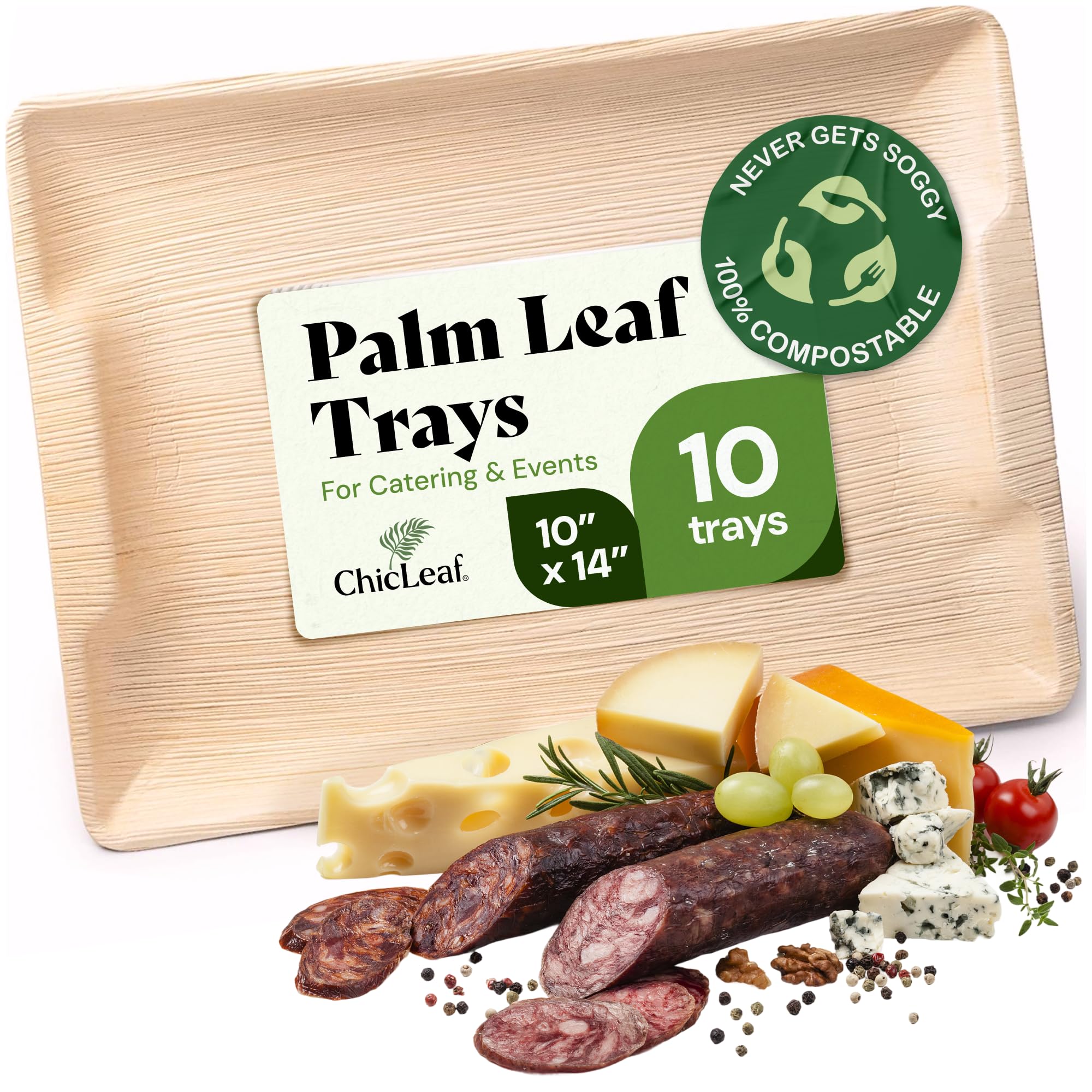 Chic Leaf Rectangular Palm Leaf Platter - 10 x 14 In, Pack of 10, Natural - Compostable Tray for Charcuterie & Party Trays - Oven & Microwave Safe Platter & Bamboo Plates