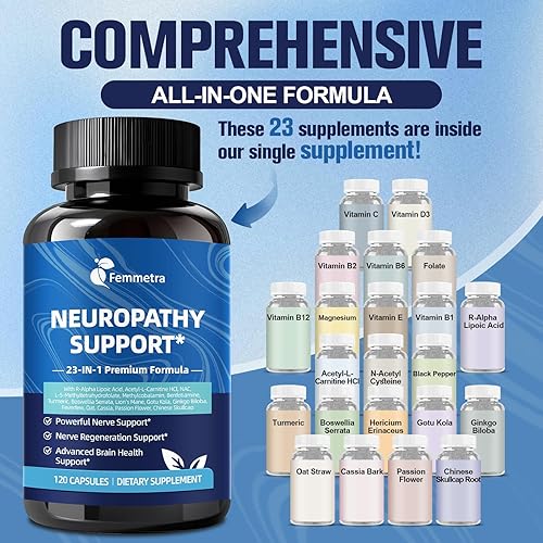 Miniatura 8 de Suplemento de apoyo para neuropatía nerviosa y periférica con 1200 mg de ácido R-alfa lipoico L-carnitina vitamina B12 B1 B6 D3 E Folato Leones