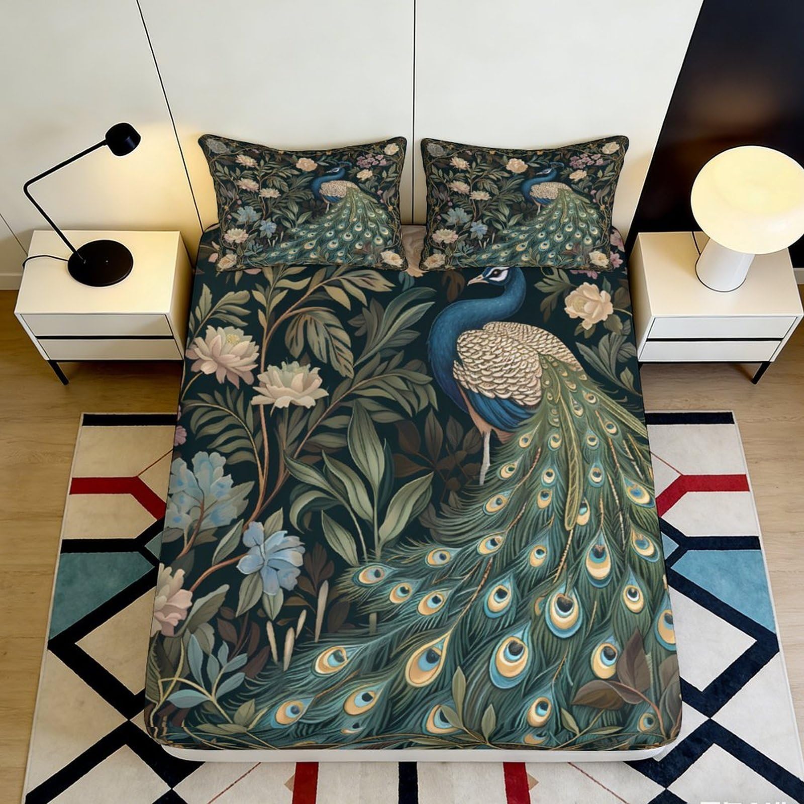 3D Printed Peacock Botanical Fitted Sheet Microfiber Anti-Slip Floral Mattress Cover for Bedroom Dorm Easy Care Decor 160x200x25cm