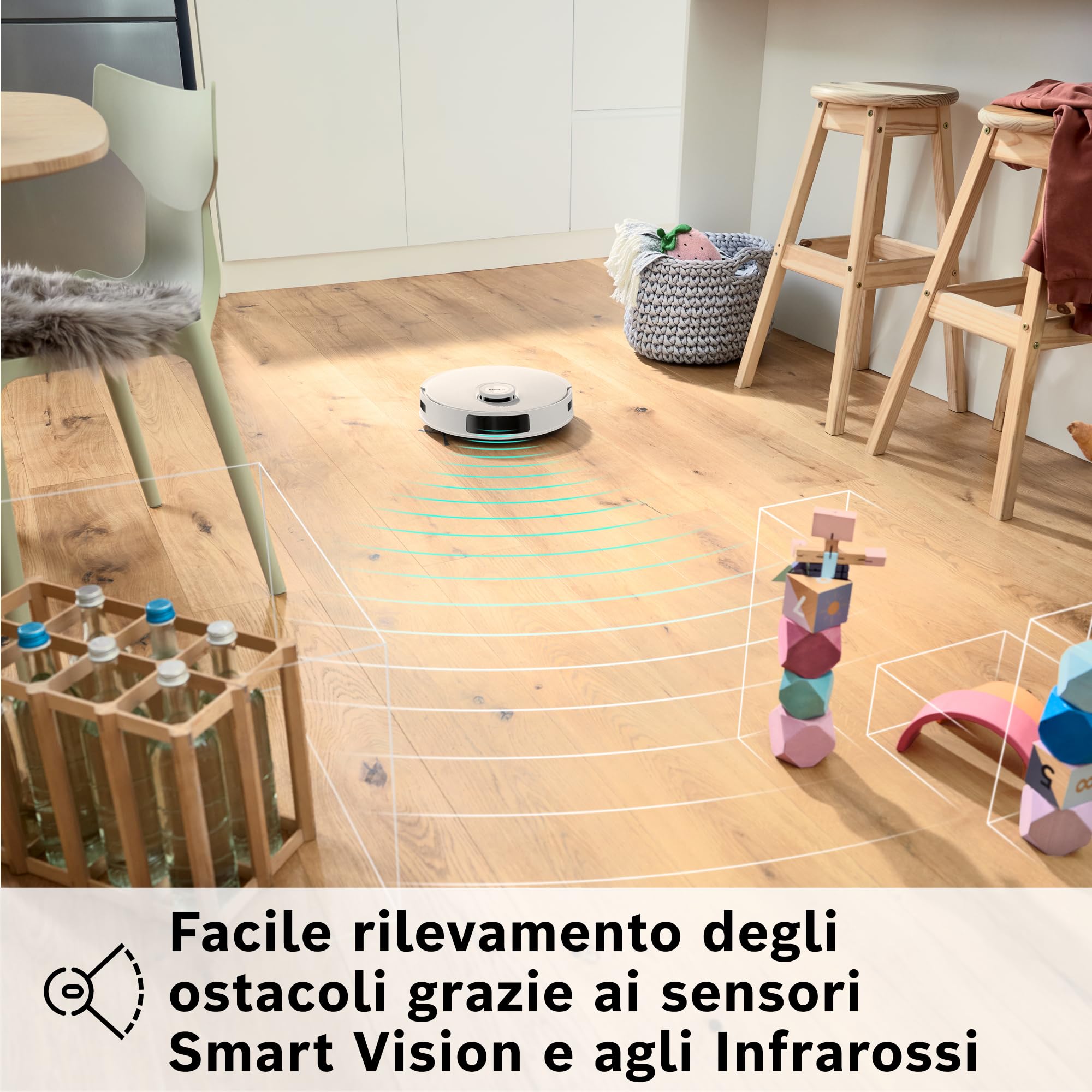 Bosch Spotless+Robot Aspirapolvere e Lavapavimenti,Potenza 11.000Pa,Panno Lavapavimenti Statico,Stazione di ricarica con autosvuotamento,Navigazione Infrarossi Smart Vision,AppBosch HomeConnect,Bianco