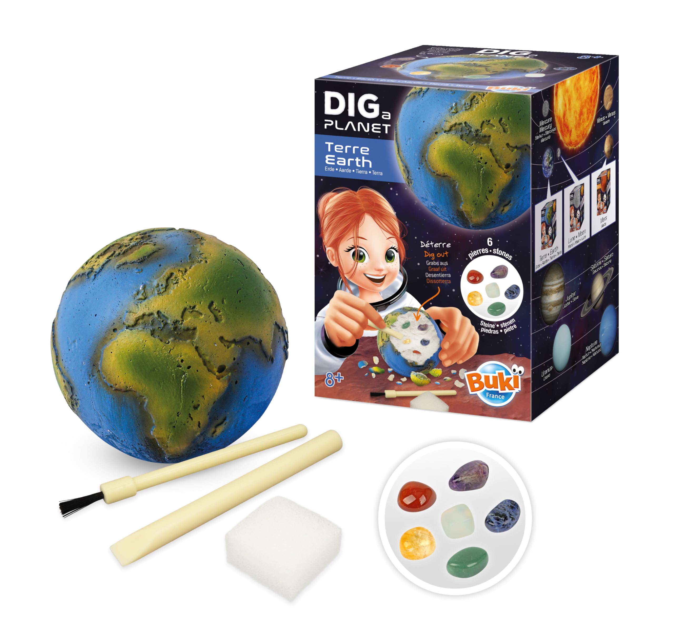 BUKI France Dig a Planet Terre – Dig and dig up 6 real stones including amethyst, sodalite and opal – Excavation kit for children from 8 years old - Planet to dig up - 446