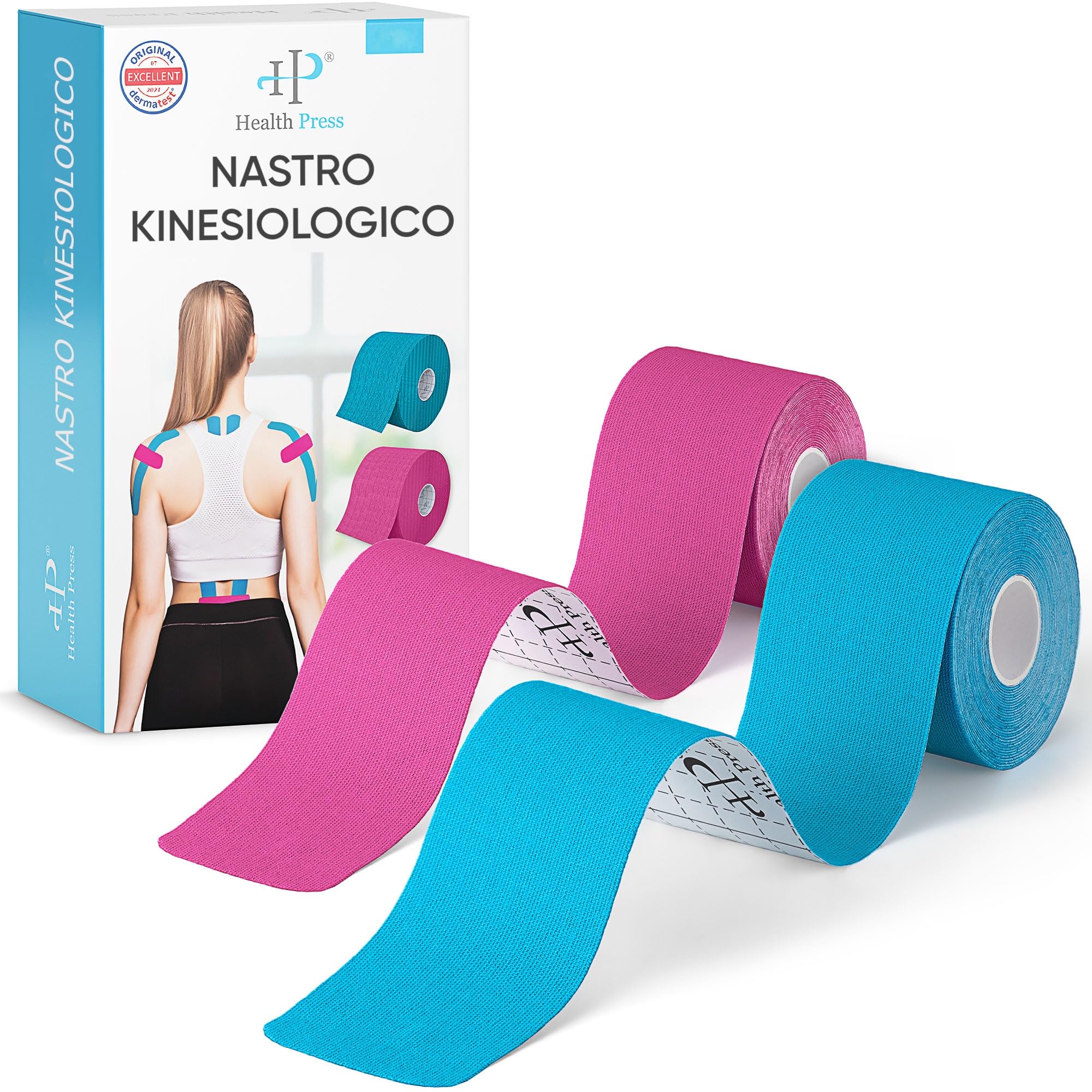 Health Press® Kinesiotape – 2 Rotoli (Blu + Rosa) 5cm X 5m, Tape Kinesiologico Per Sport E Fisioterapia, Impermeabile