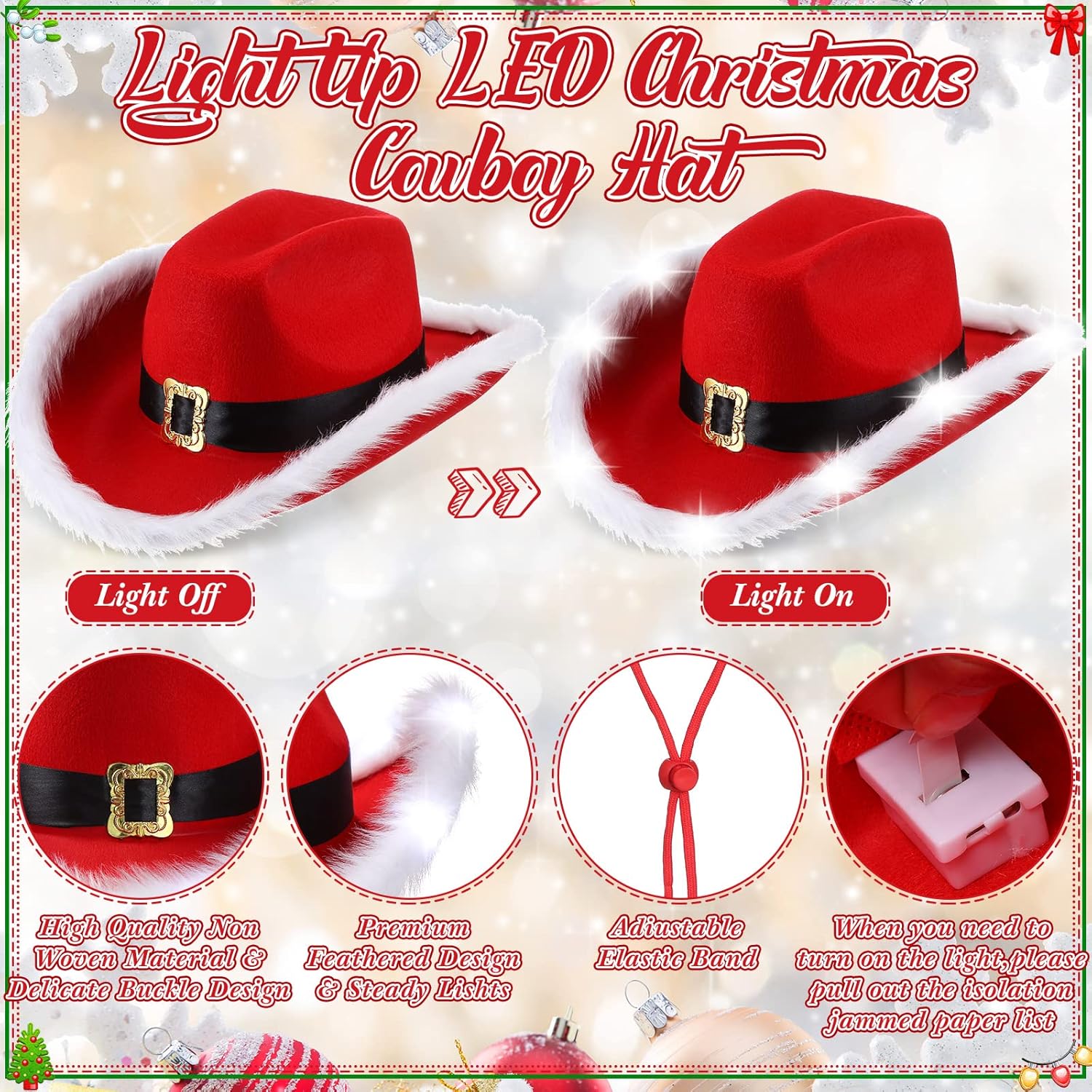Coume 24 Pack Light up Christmas Santa Cowgirl Hats with Paisley Bandana and Heart Glasses Set, Fluffy Feather Boa Red Santa Cowgirl Cowboy Hats for Christmas Costume Party - Image 3