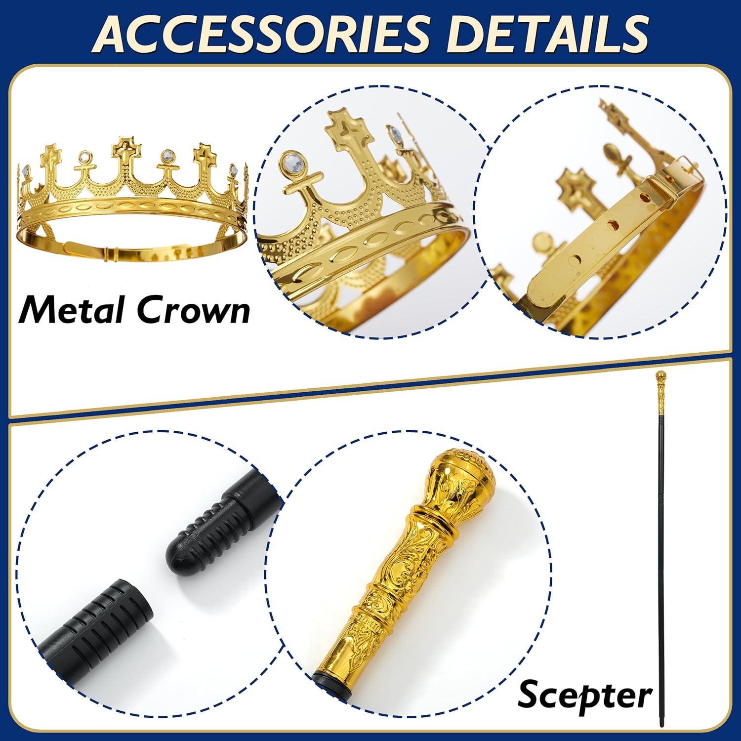 King Costume for Men and Women, Queen Costume,Adult King Cape Robe Metal Crown Scepter