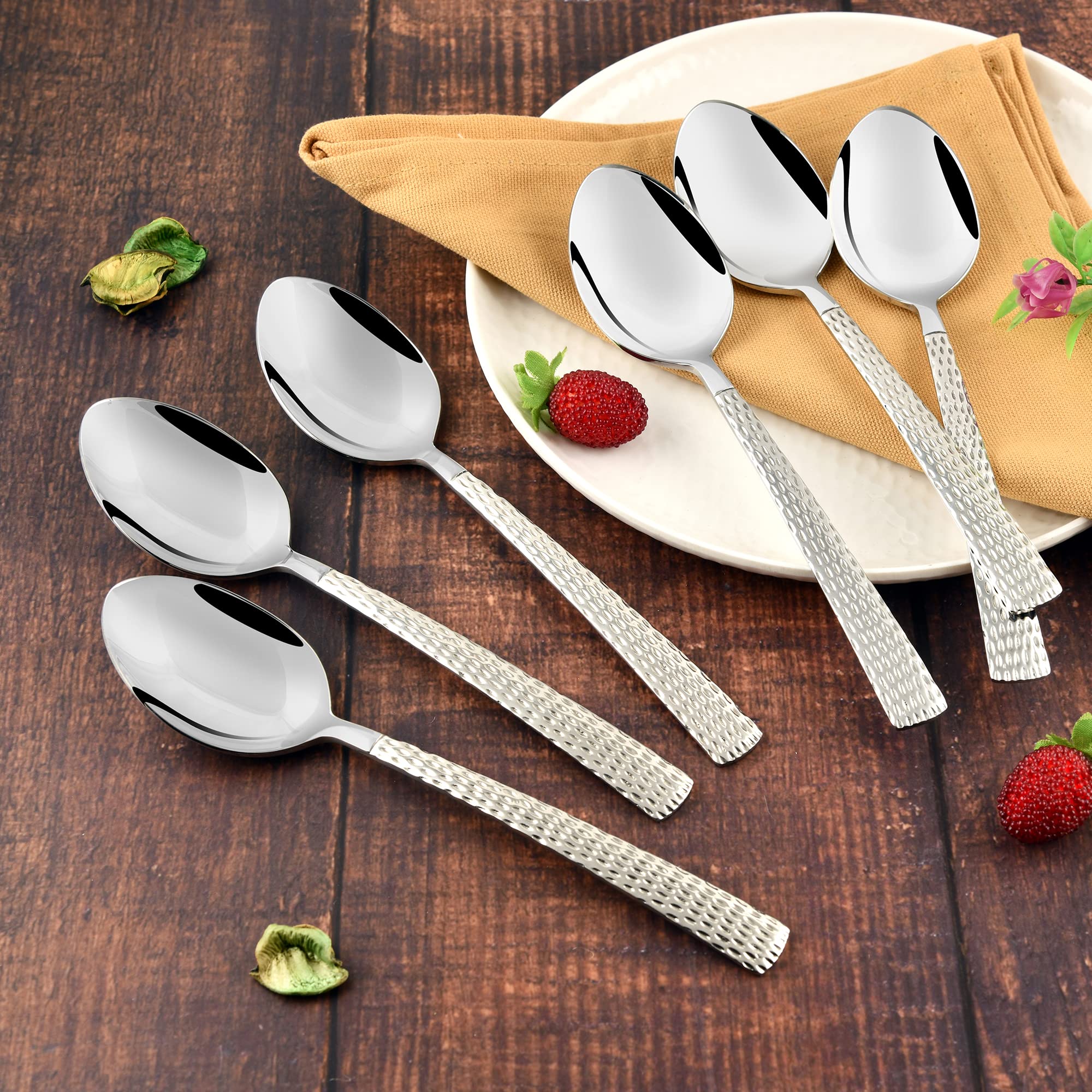 FnS Madrid 6 Pieces Stainless Steel Dinner Spoon Set with Hammer Finish Handle | Premium Table Spoons for Home, Kitchen & Dining | Luxury Flatware Cutlery 3