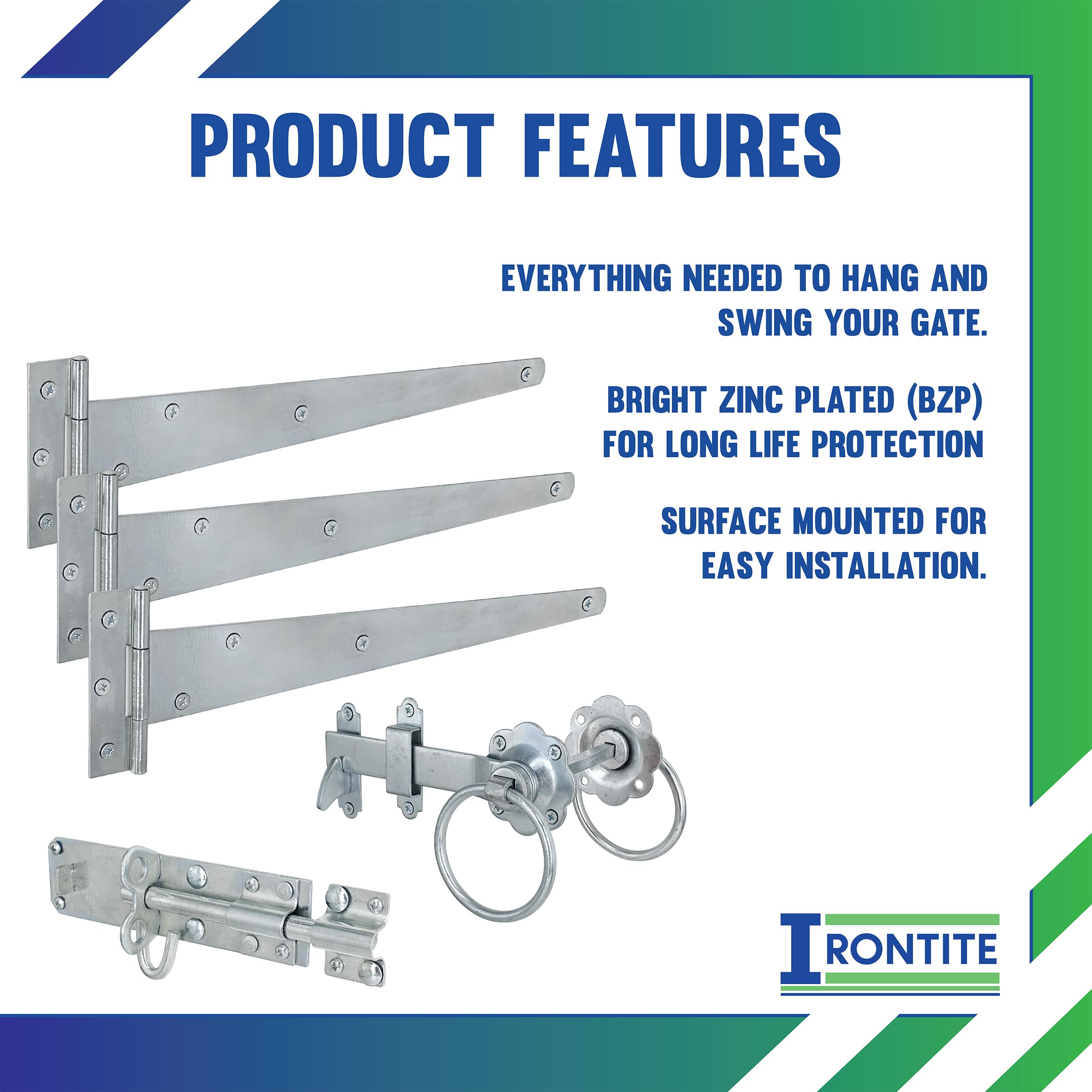 IRONTITE® Galvanised Gate Latch Kit with 300mm (12") T Hinges and Brenton Bolt. BZP Garden Gate Kit Includes Garden Gate Hinges for Wooden Gates Brenton Garden Gate Bolt - Image 4