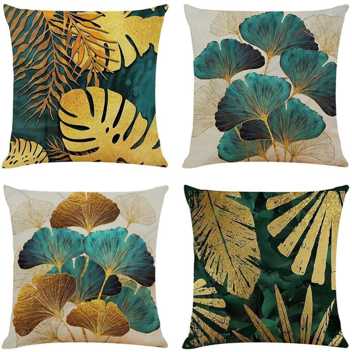 ELECDONCushion Covers, Throw Pillow Covers, Linen Square Throw Pillow Covers, Couch Bed Pillowcases, Green, Gold Leaves, for Living Room Sofa, 45cm x 45cm (18x18 inch) 4 PCS