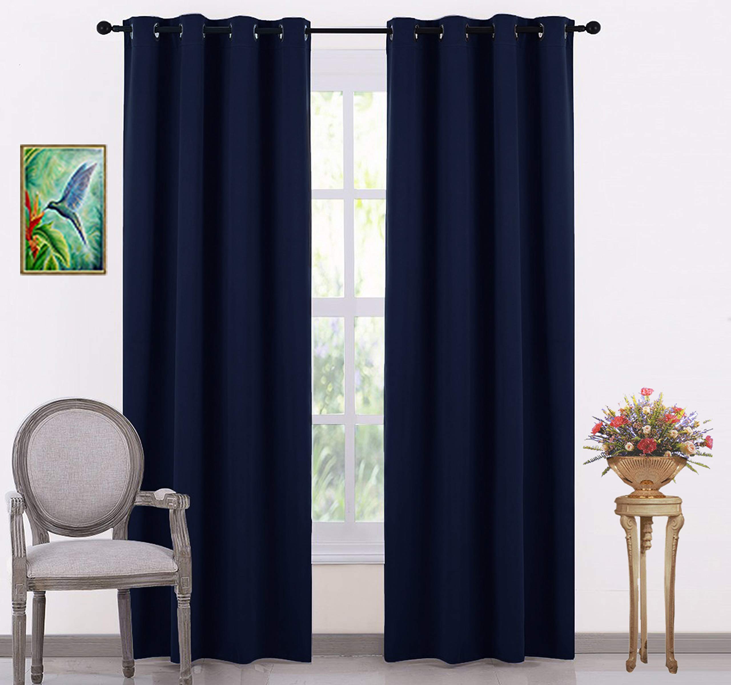 JUPON Silk Solid Blackout Grommet Curtains, 4Ft X 8Ft, Navy Blue, Pack Of 2 Piece