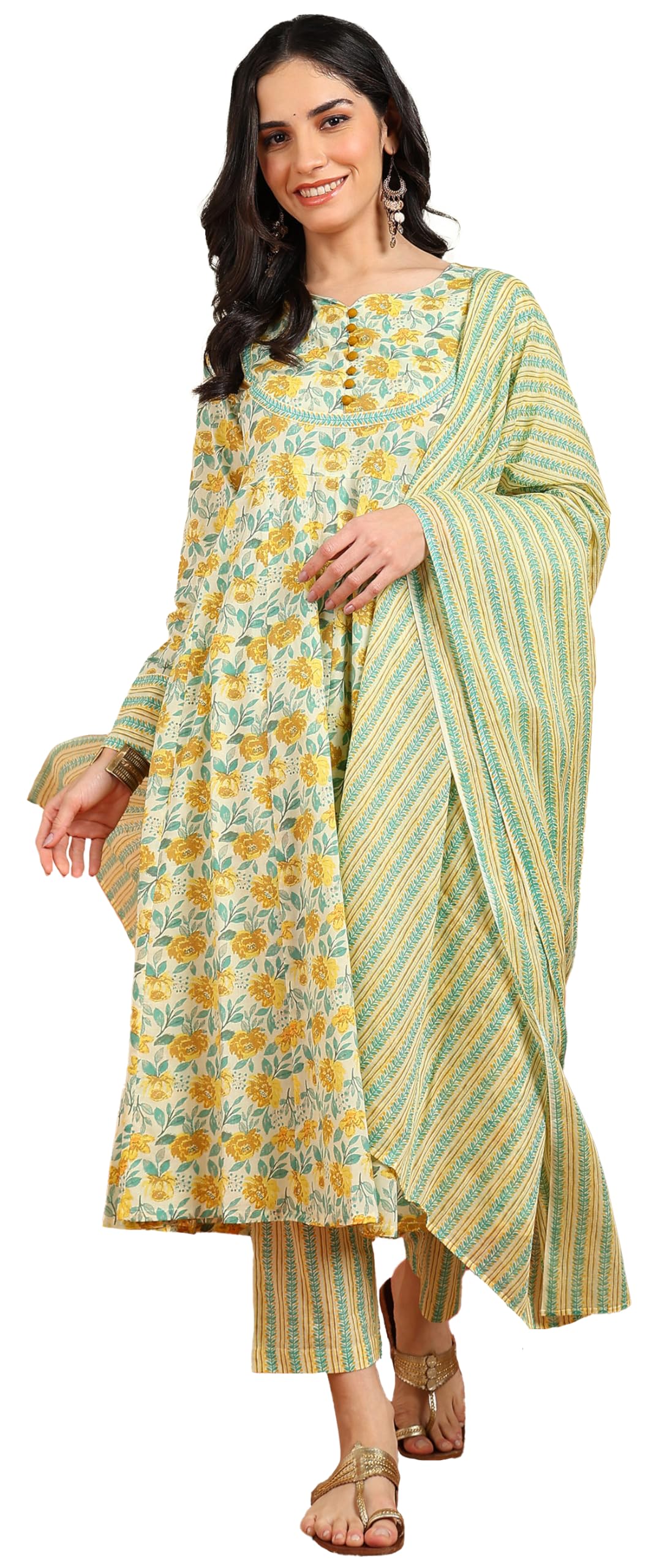 Yash Gallery Women's Cotton Ankle Length Notch Neck Full Sleeves Floral Print Anarkali With Pant And Duptta