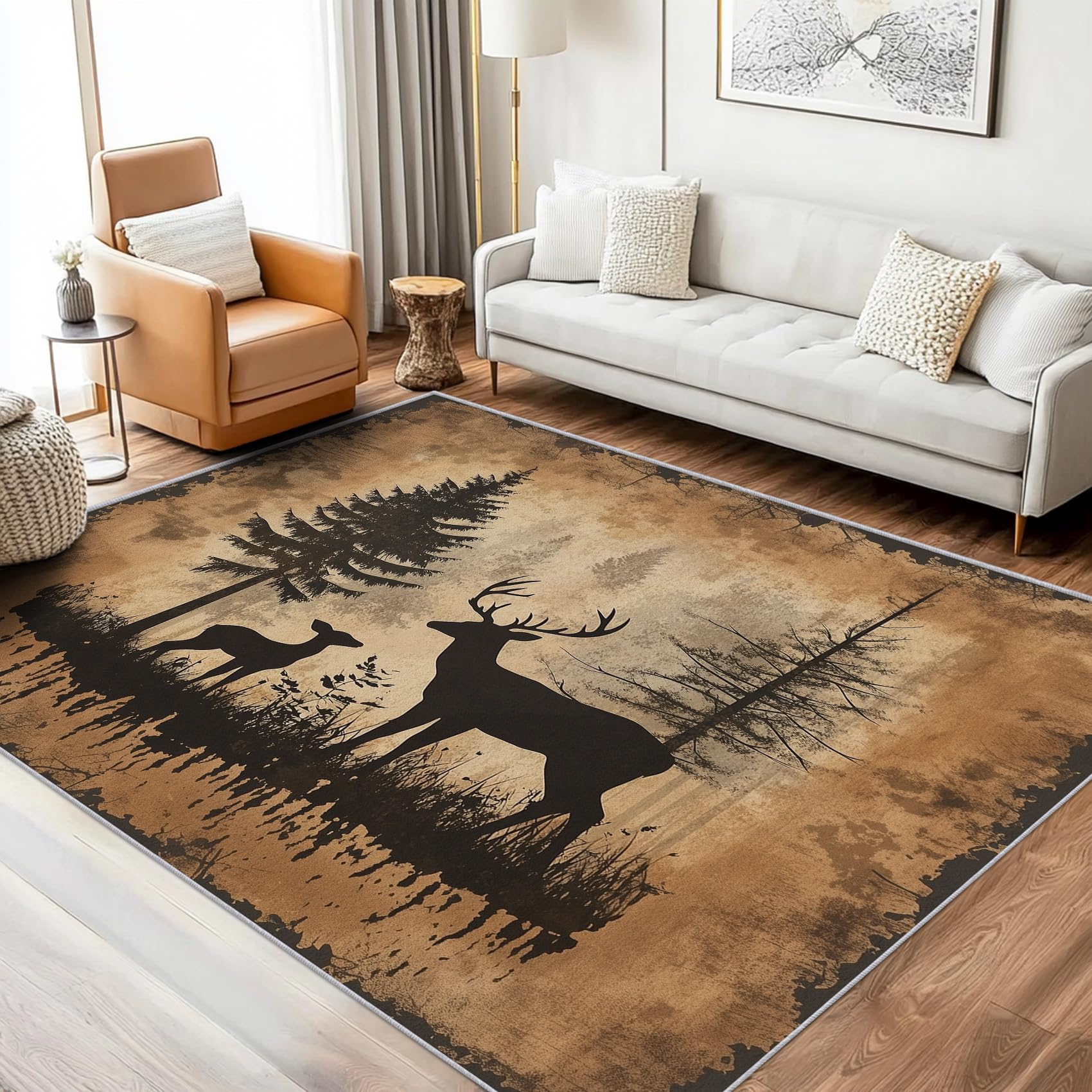 Deer Gifts for Men - Deer Rugs for Living Room, Bedroom, Rustic Wildlife Hunting Carpet, Washable Non Slip Square Rug, Soft Low Pile Patterned Area Rug & Home Decor & Gifts, 120 x 120cm