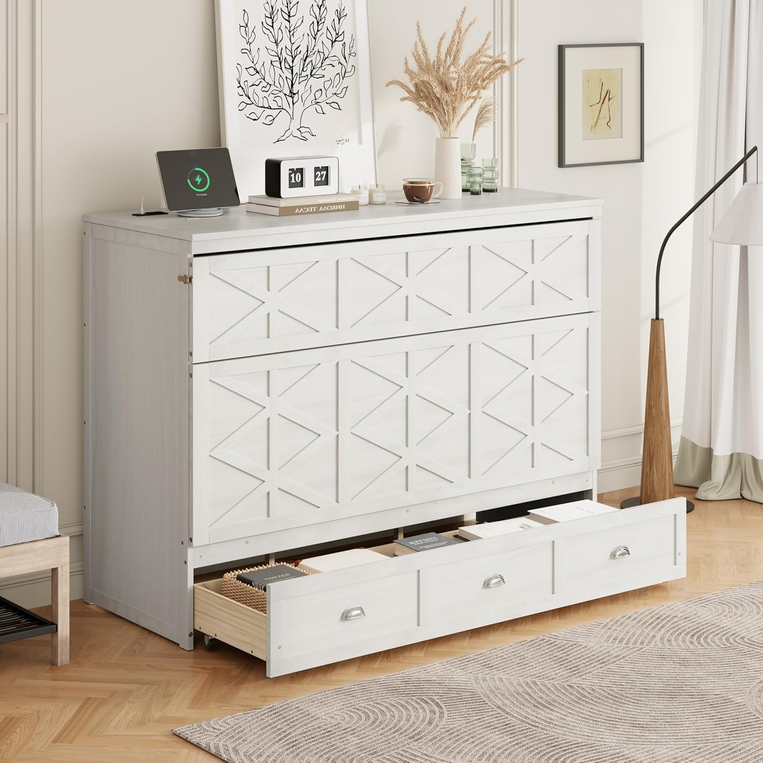 Merax Queen Size Murphy Bed, Wooden Queen Murphy Cabinet Bed with Large Drawers and USB Ports, Brushed White