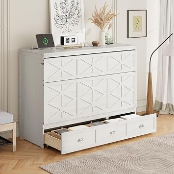 Merax Queen Size Murphy Bed, Wooden Queen Murphy Cabinet Bed with Large Drawers and USB Ports, Brushed White