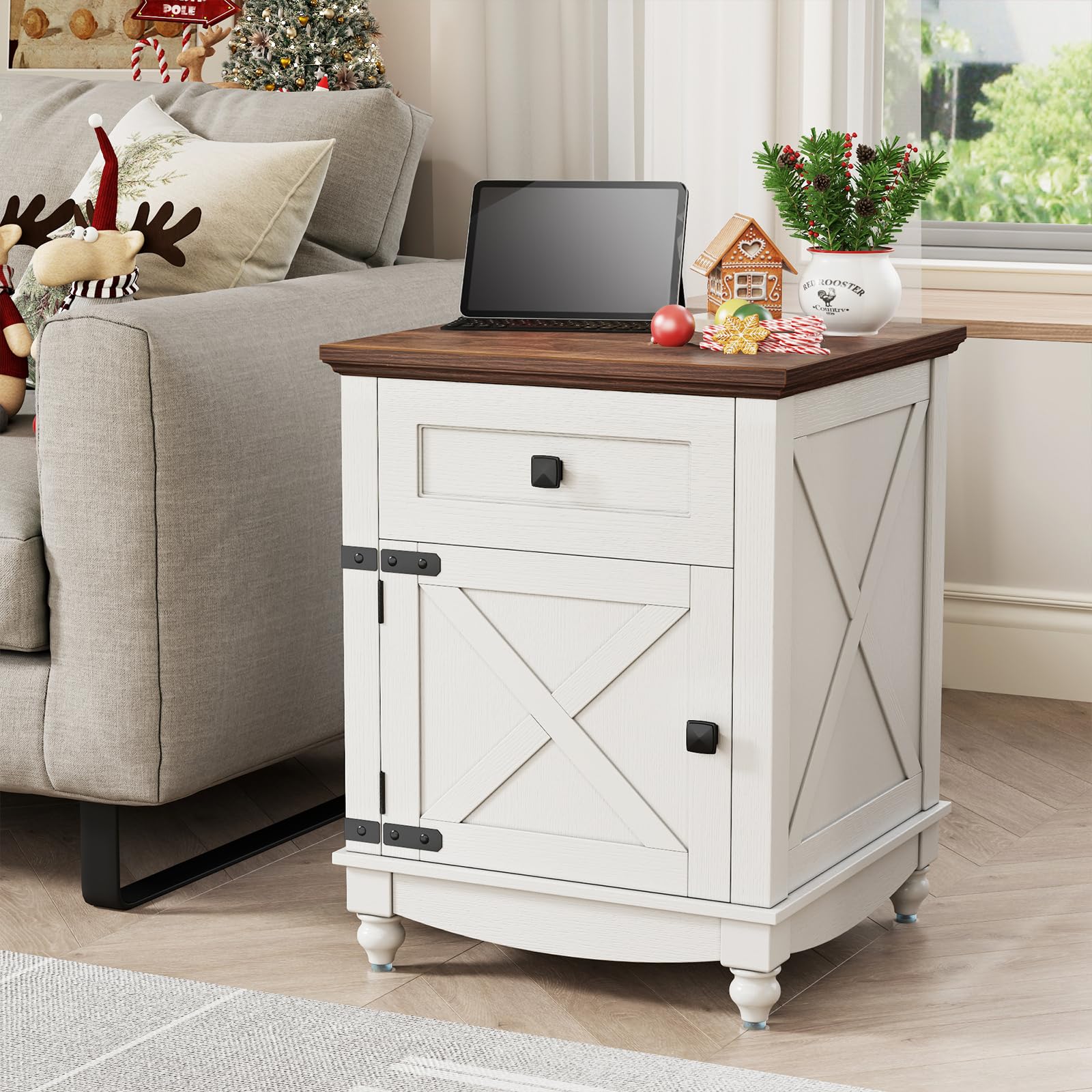 Farmhouse End Table with Drawers and Storage Cabinet, 18inch White Nightstand with Door, Bedside End Table with Adjustable Shelf, Wood Bedside Table,