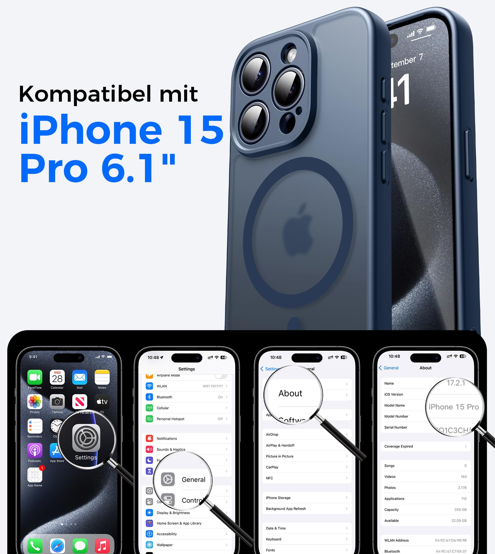 Natiiozie Cover Magnetica per iPhone 15 Pro Compatibile con MagSafe, Protezione Fotocamera Integrata Antiurto, Traslucida Opaca Posteriore Protettiva Case iPhone 15 Pro Custodia 6.1", Blu