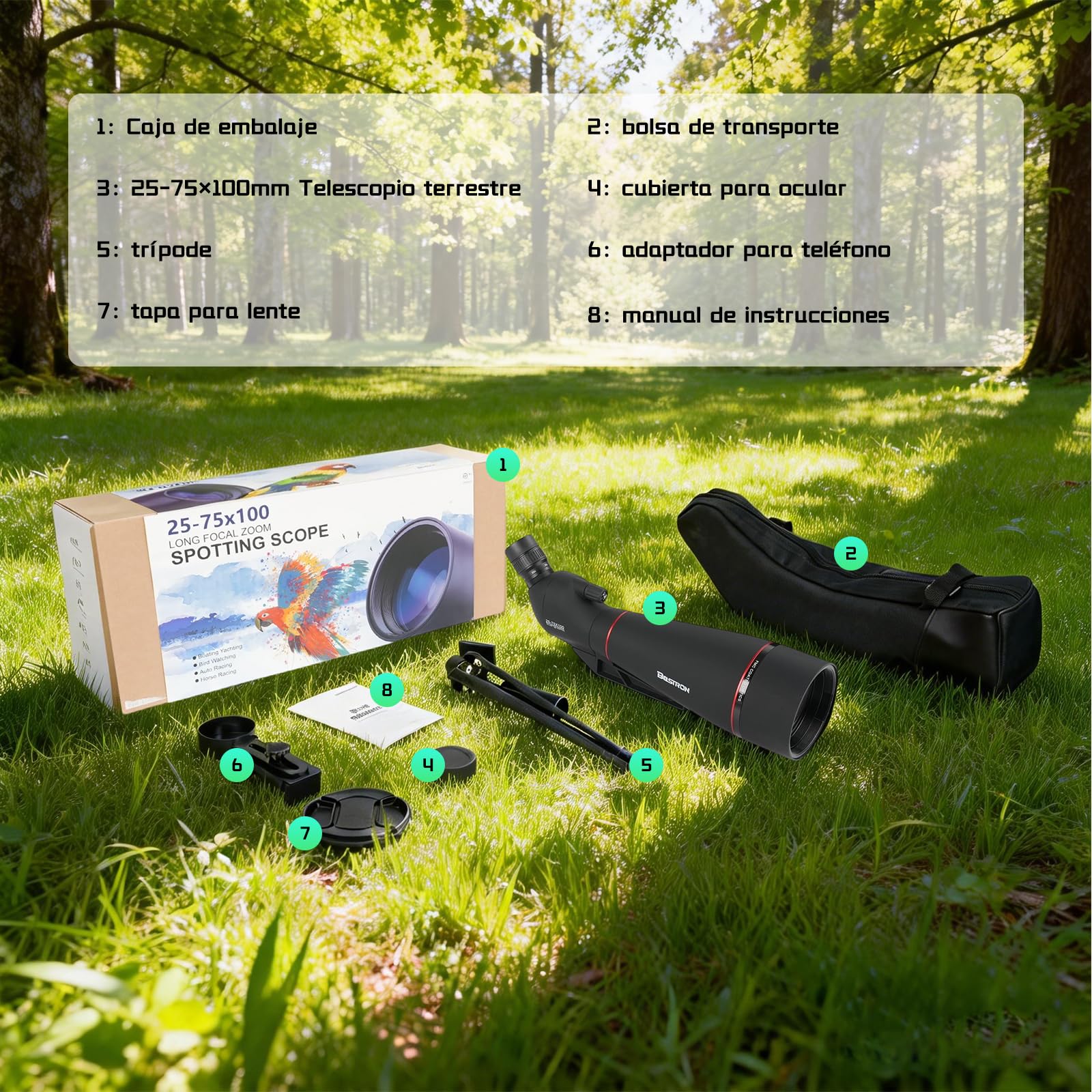 Telescopio Terrestre Profesional 25-75x100 con Trípode y Adaptador Móvil - Zoom Potente, Lente FMC de 100mm, Sellado al Agua y Polvo para Caza, Observación de Aves y Larga Distancia