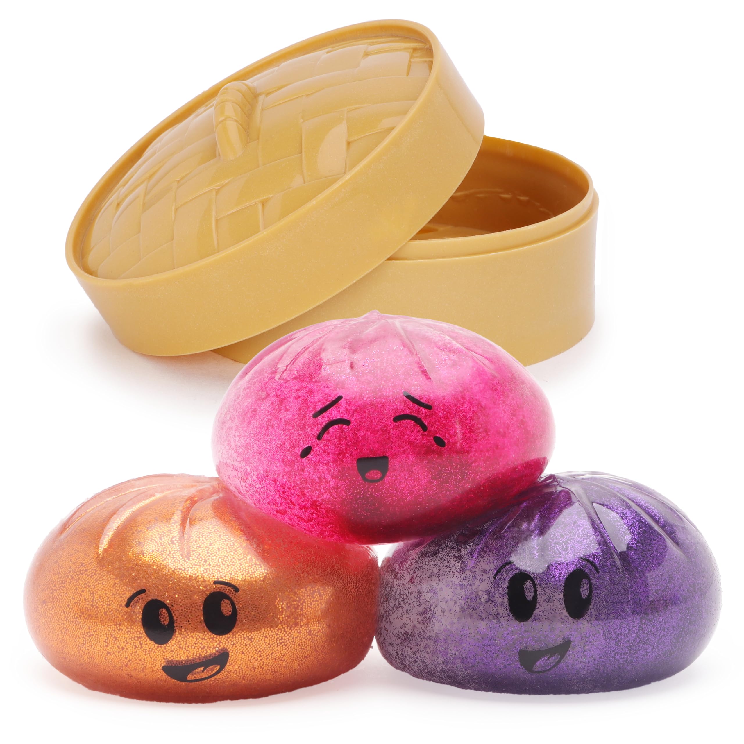 Toyland® Shiny Metalic Squishy Bao Dumpling Sensory Fidget Toy with Plastic Steamer Box - Squeeze Toys for Kids - 1 Chosen At Random - Ages 3+