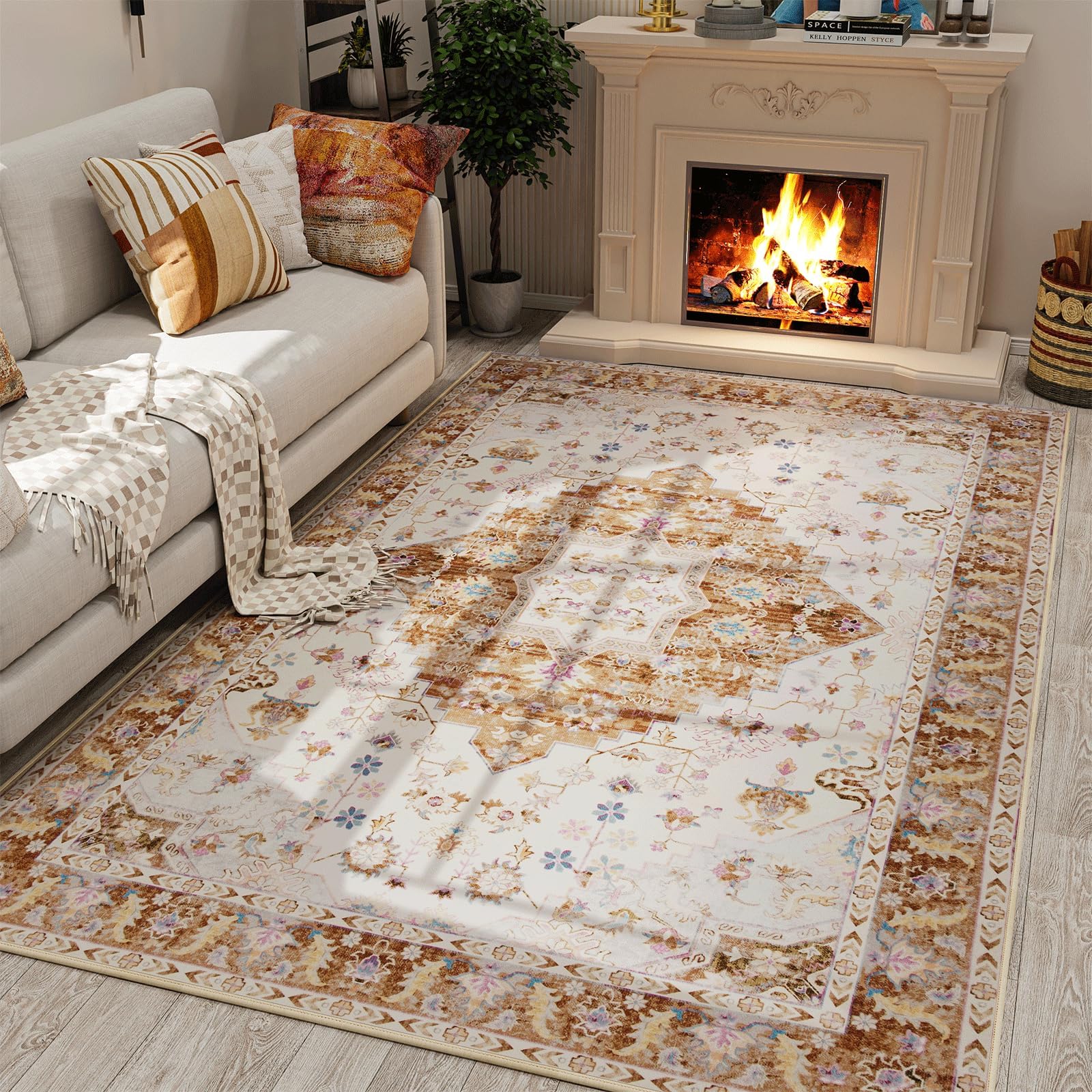 LOCHASSuper Soft Area Rug, Washable Living Room Rug, Non Slip Rug for Bedroom Livingroom Dining Room, Low Pile Vintage Floral Print Accent Carpets for Office Home Floor Carpet (Gold, 4x6 Feet)