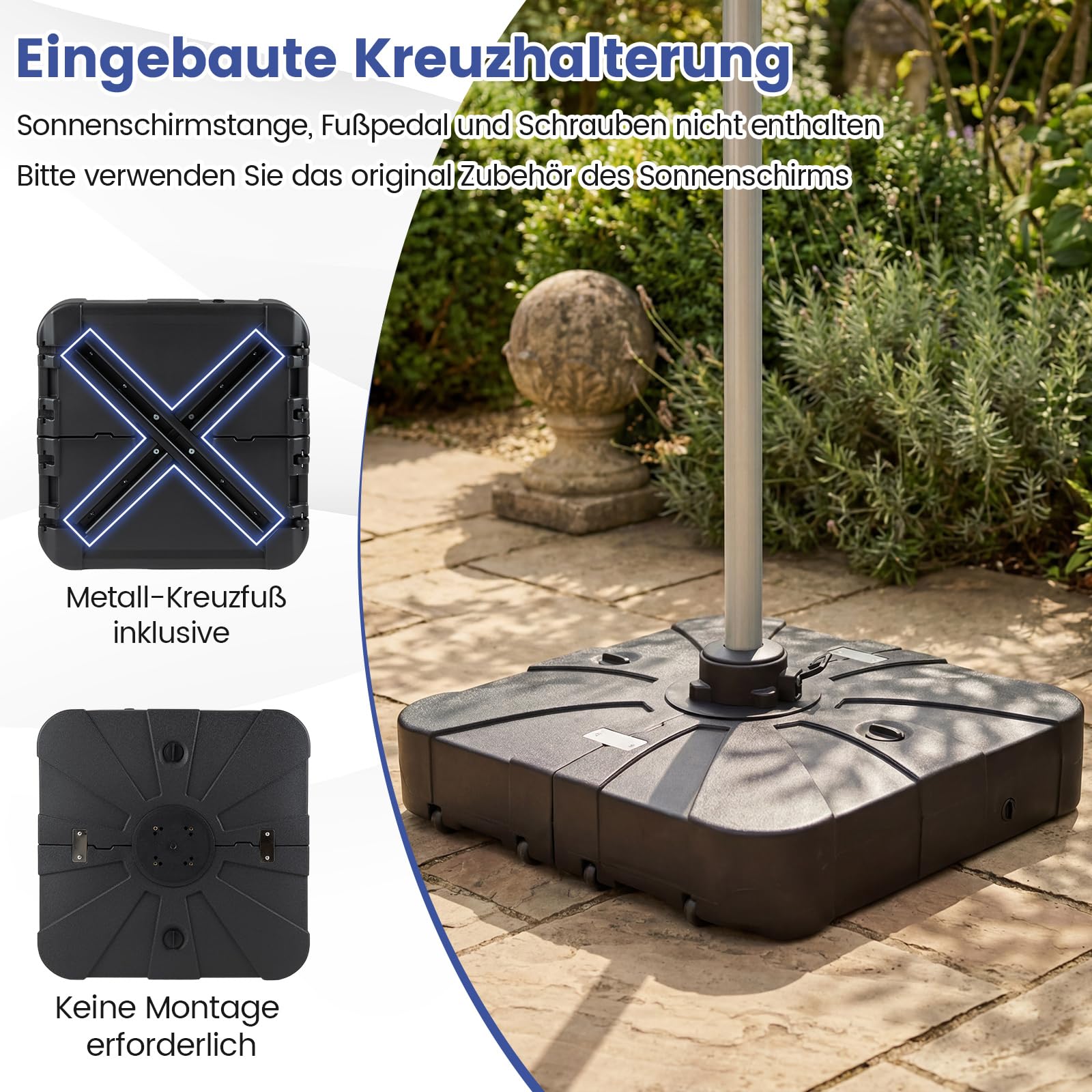 COSTWAY Sonnenschirmständer mit Rollen, 170kg, befüllbar, rollbar, Schirmständer für große Ampelschirme, Ampelschirmständer für Garten, Terrasse