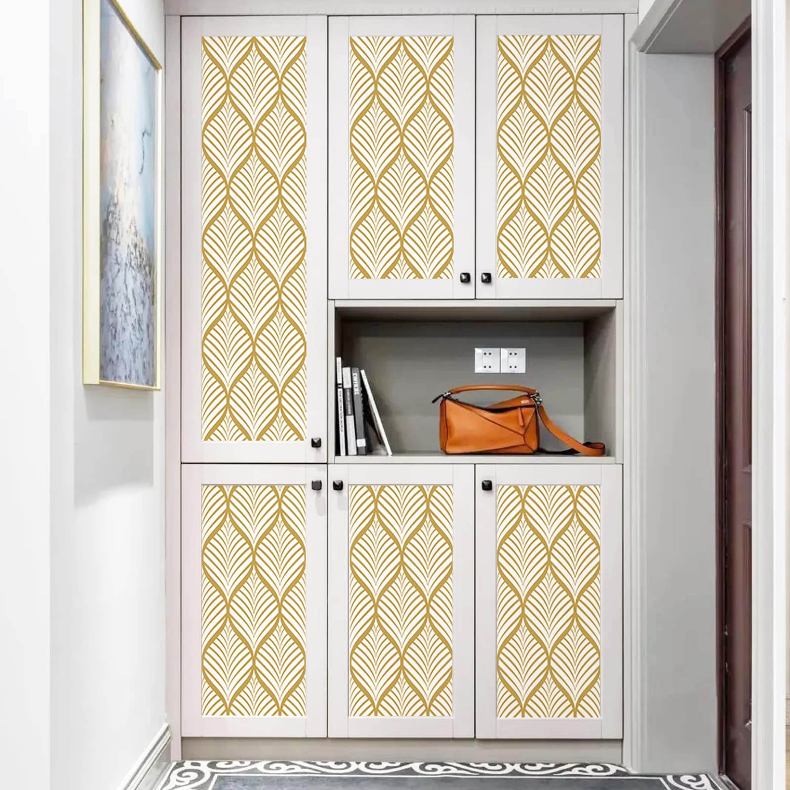 Papel Pintado Moderno Amarillo Adhesivo de Pared Autoadhesivo Impermeable con Diseño Geométrico de Rayas Doradas Para Baño Sala de Estar Dormitorio Decoración de Puerta de Cocina 44,5x1000cm