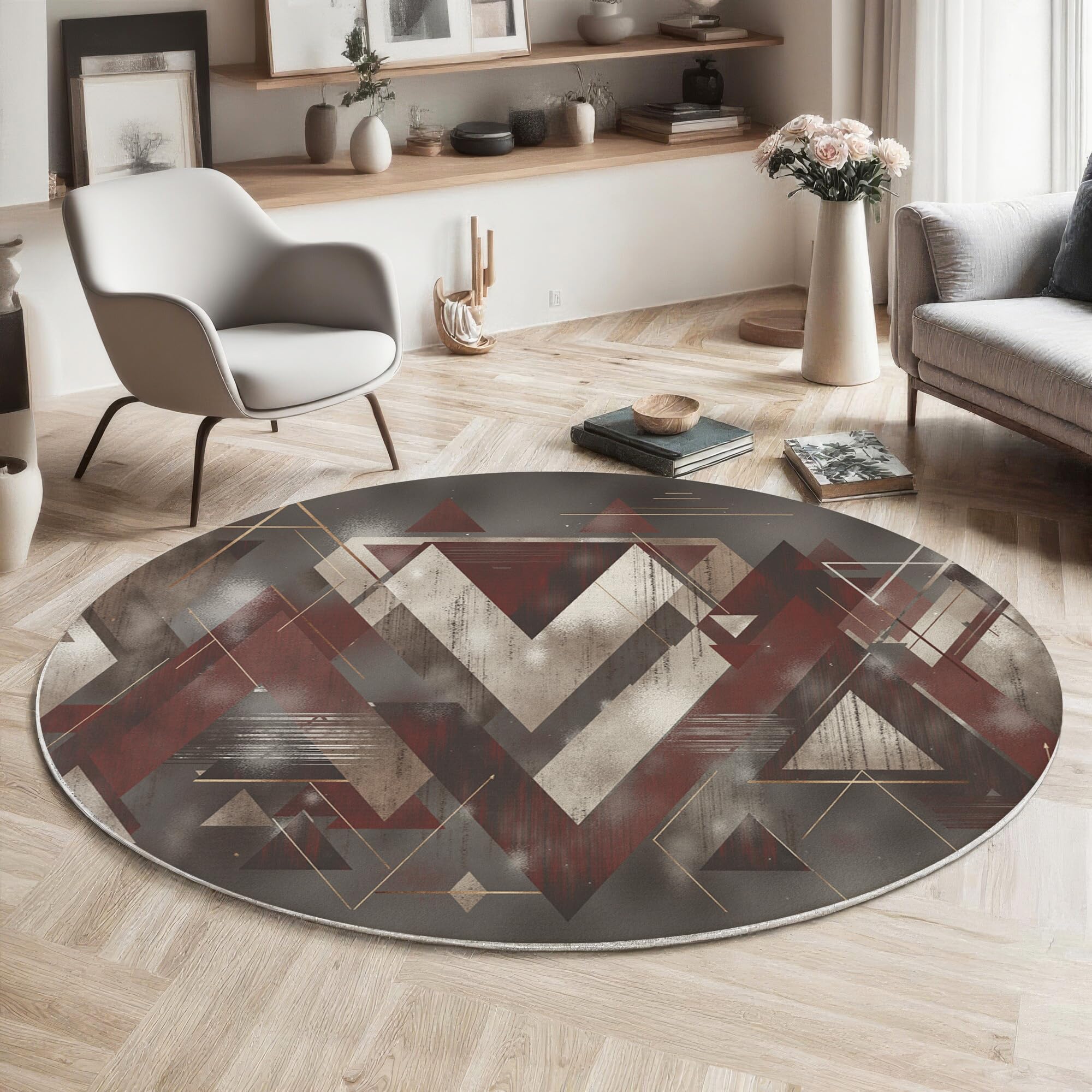 Tapis rond abstraction géométrique anti-glisse et lavable pour sol glissant