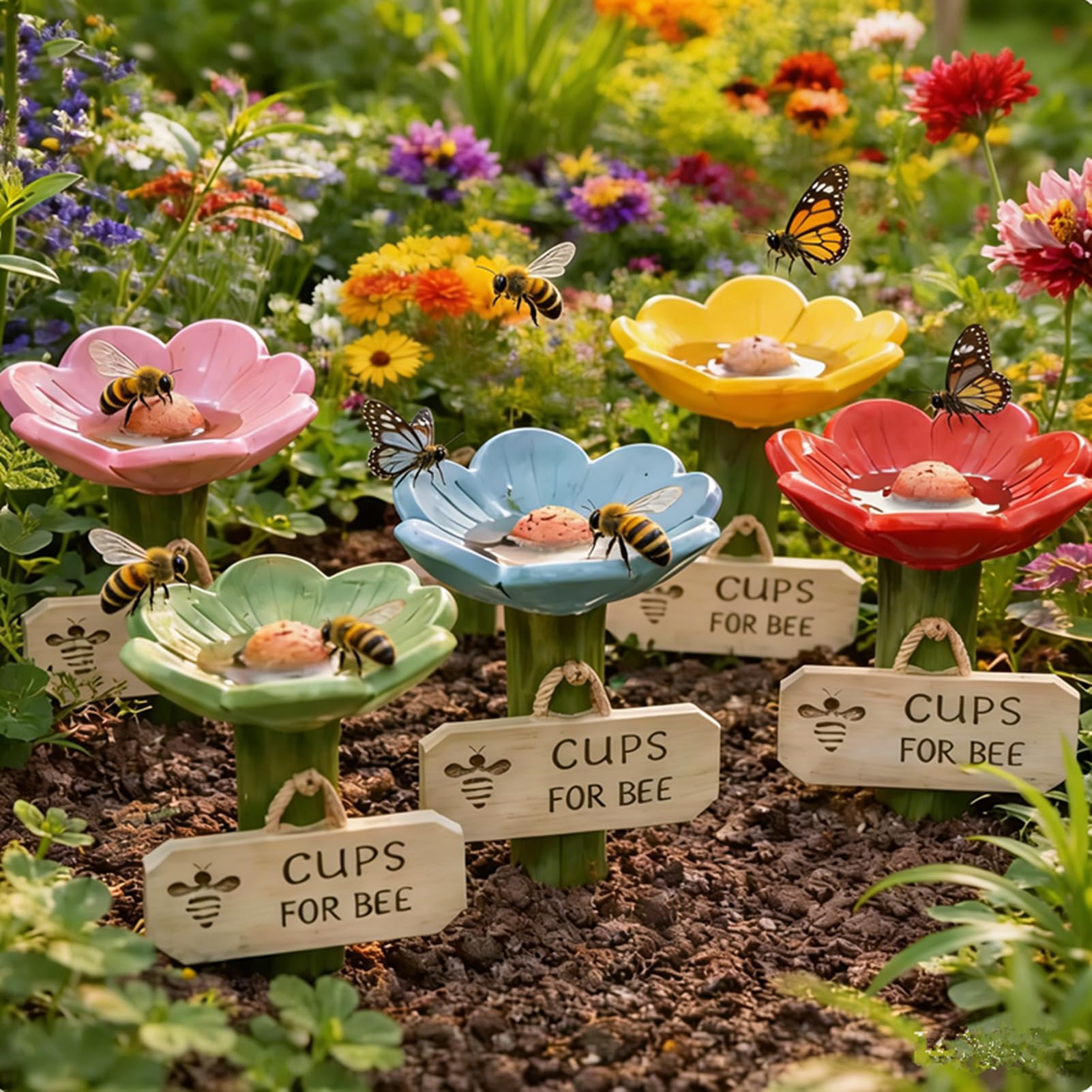 5PCS Bee Watering Station for Garden Flower Shaped Bee Waterer Cups for Thirsty Bees Butterflies Outdoor Pollinator Feeder Insect Drinking Station Garden Decor Accessories