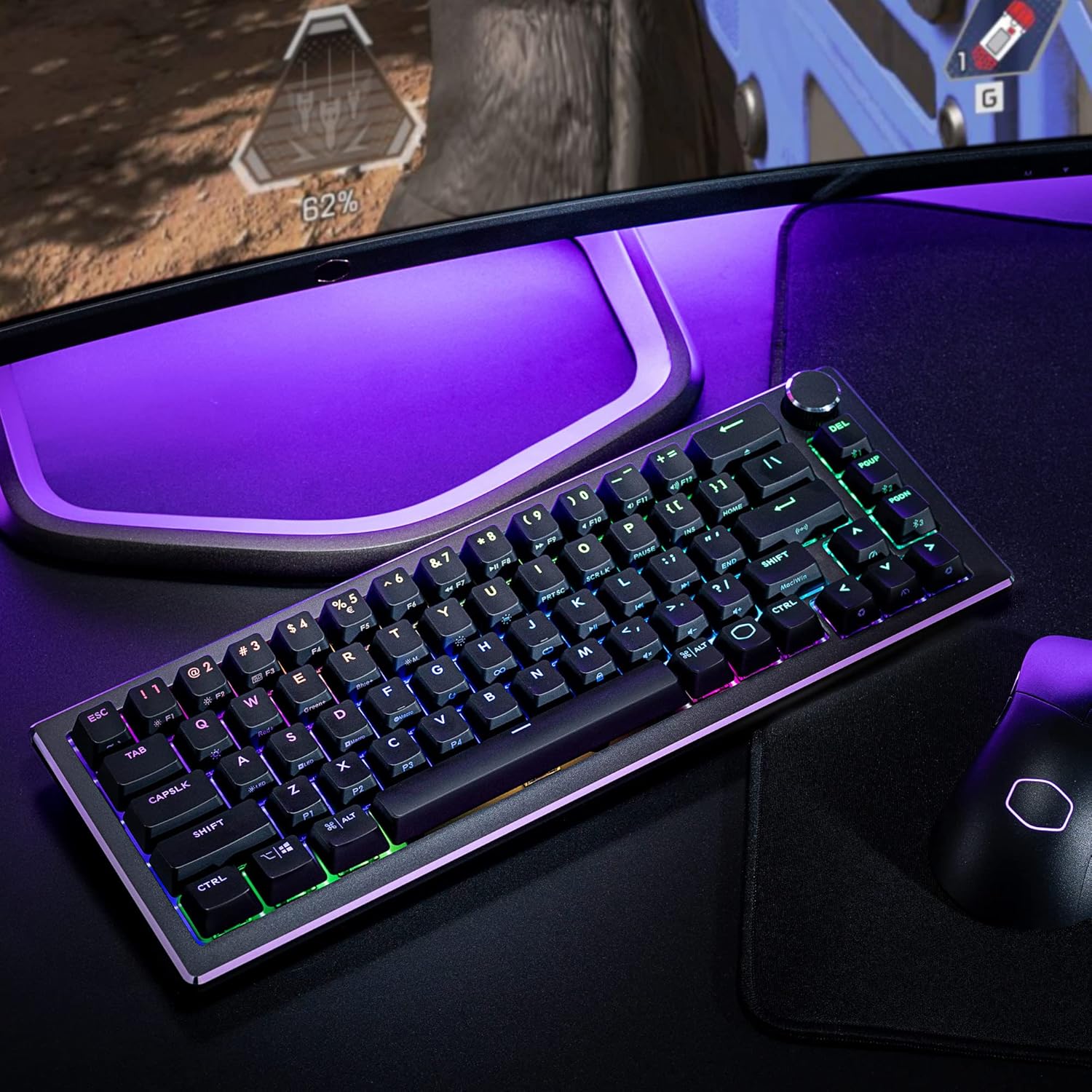 Cooler Master CK721 keyboard in use with RGB lighting
