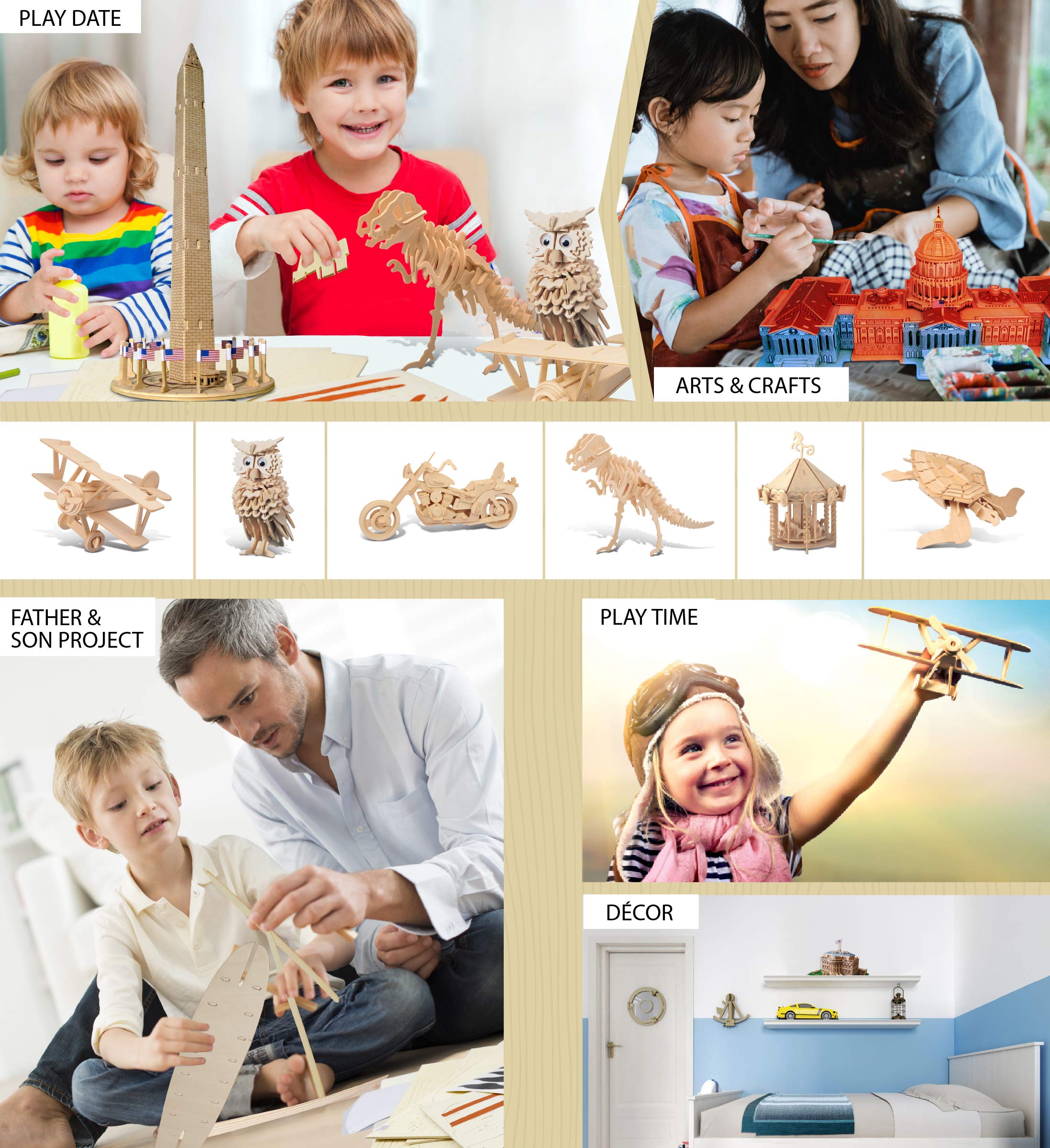 Puzzled Bundle of Famous Sites: Washington Monument, The White House & US Capitol Wooden 3D Puzzles Construction Kits, Educational DIY Landmarks Assemble Models Unfinished Wood Craft Hobby - 3 Pack - Image 5