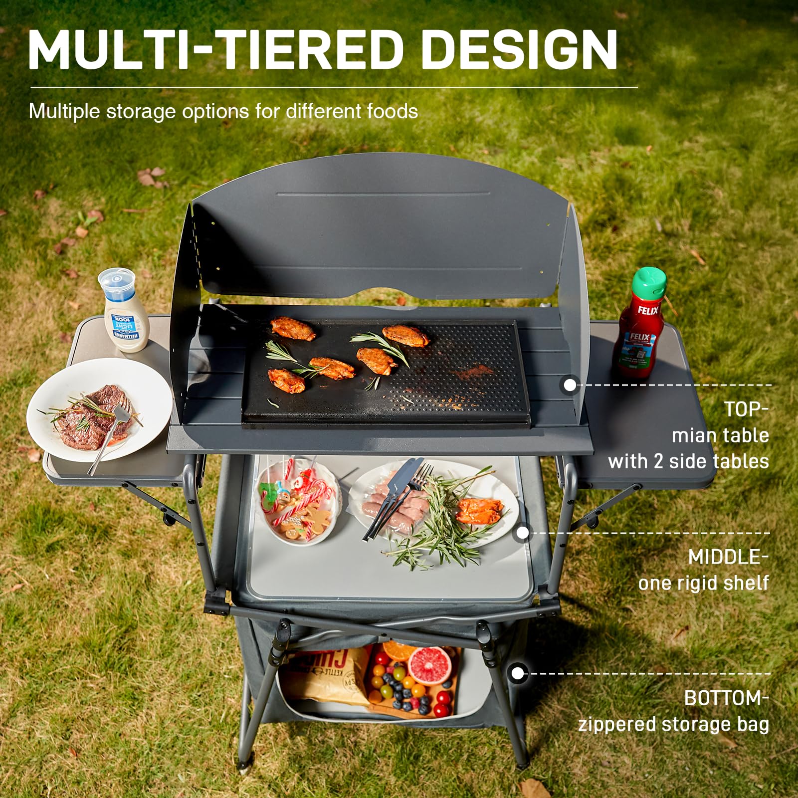 EVER ADVANCED Tavolo da campeggio pieghevole portatile con borsa portaoggetti, tavolo grill con parabrezza per cucinare all'aperto, barbecue, picnic e campeggio, con borsa per il trasporto