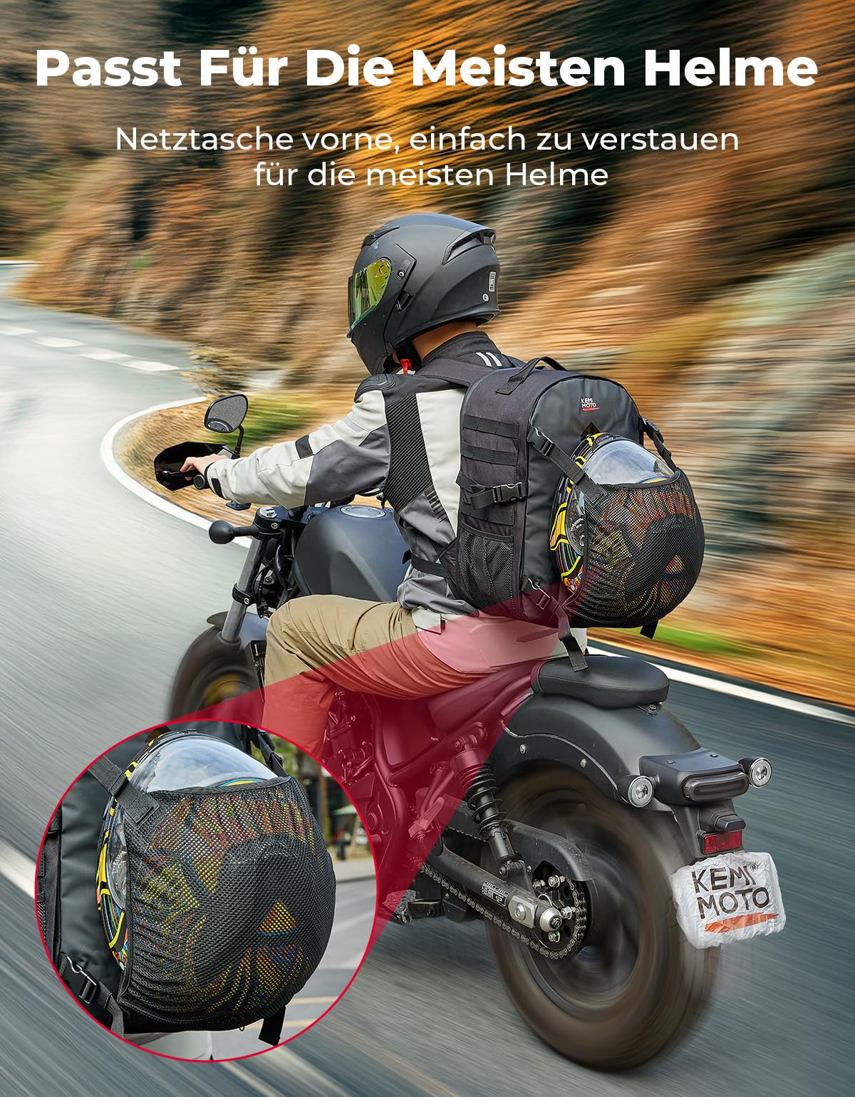 KEMIMOTO Plecak na kask motocyklowy, 35 l, torba na kask z ukrytą siatką na kask, duży uchwyt na kask