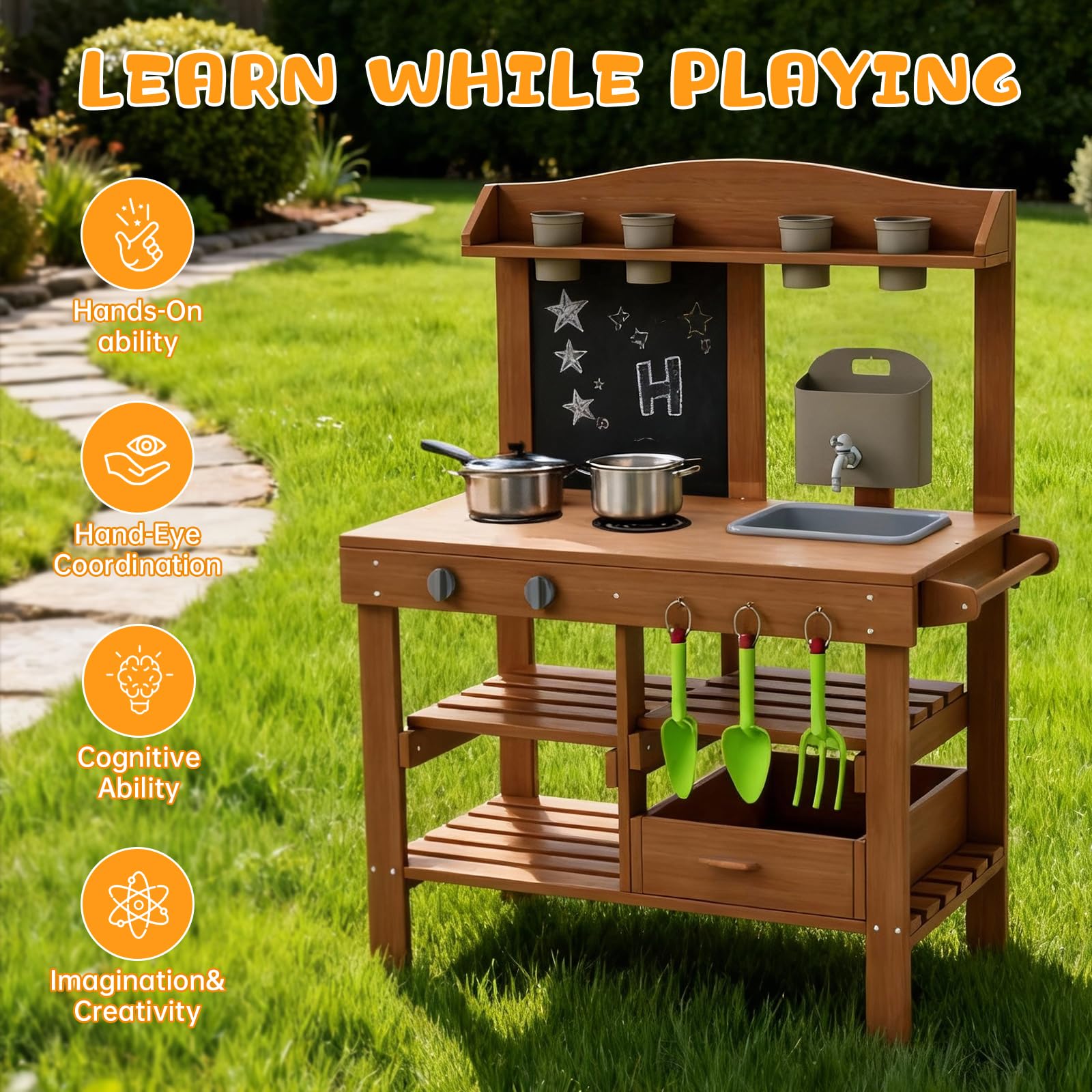 Mud Kitchen for Outdoor, Wooden Outdoor Pretend Kitchen with Sink, Water Slide, Faucet, Stove, Chalkboard and Storage Shelves M3 — view 7