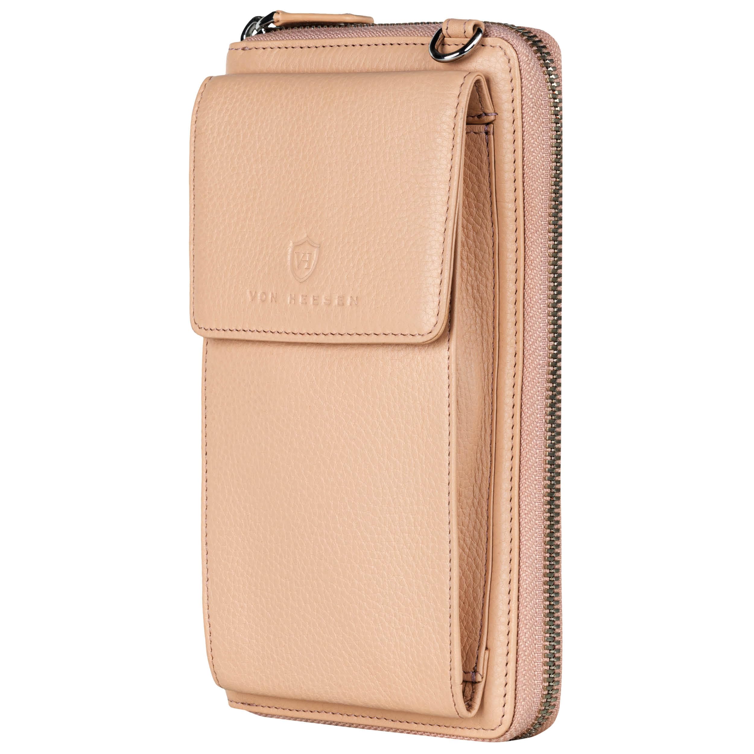 VON HEESEN Leder Handy-Geldbörse mit RFID-Schutz - Handytasche mit Portemonnaie für Damen & Herren aus echtem Leder - Wallet mit Münzfach - Geldbeutel für Frauen und Männer in Rose