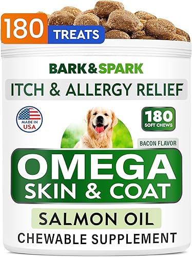 BARK&SPARK Omega 3 para perros 180 golosinas de aceite de pescado para desprendimiento de perros, alergias en la piel, alivio de picazón,