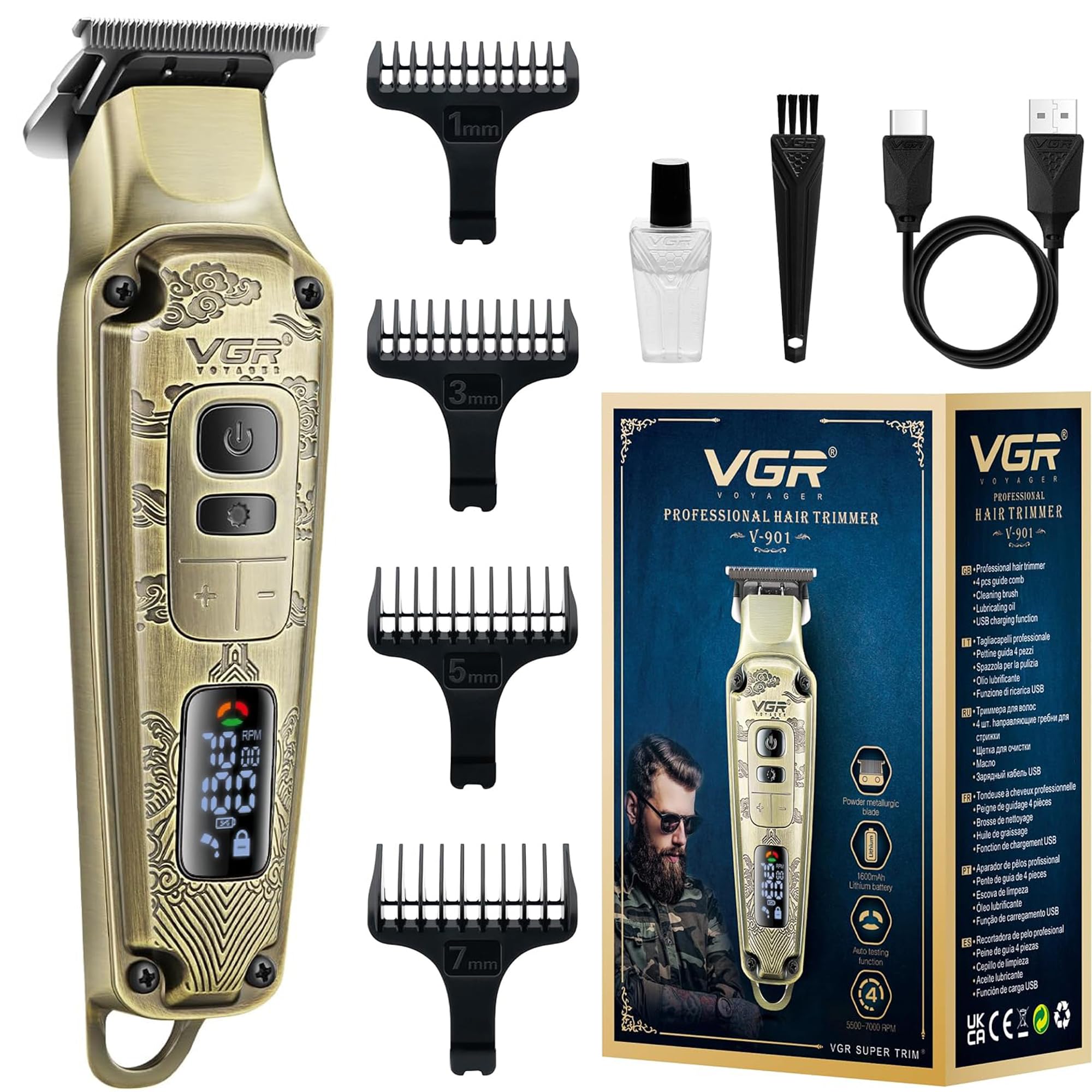 VGR Regolabarba elettrico da uomo, ricaricabile tramite USB, batteria da 240 min, lame in ceramica, 7000 giri/min, tagliacapelli senza fili, per la cura professionale di barba corta, collo, basette,
