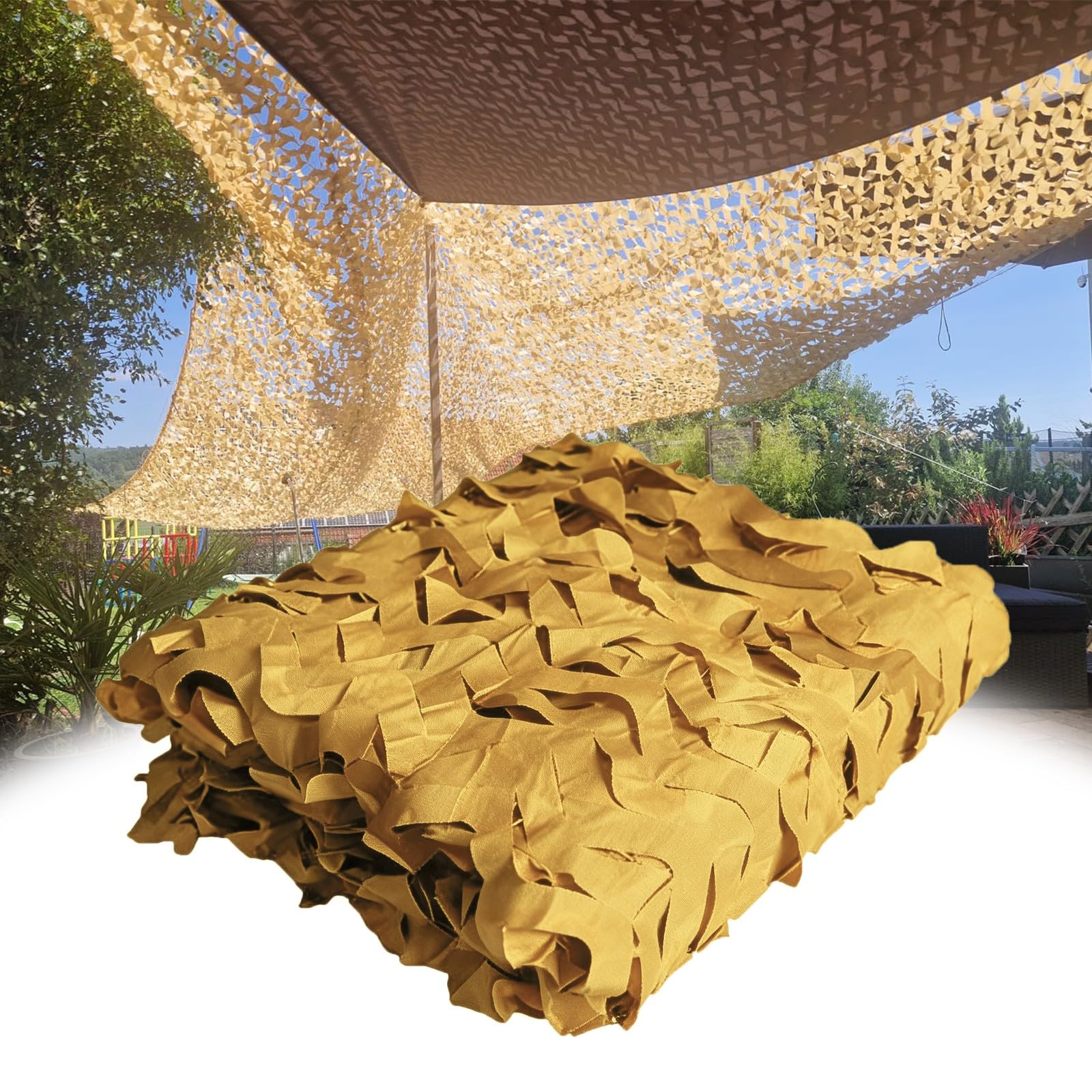 Red de Camuflaje Arena de 7x8m 210D Tela Oxford Liviana y Durad Red Camuflaje Sombra Exterior Mallas de Camuflaje con Protección Solar Protección Visual para Caza Camping Jardín Fiesta Decoración