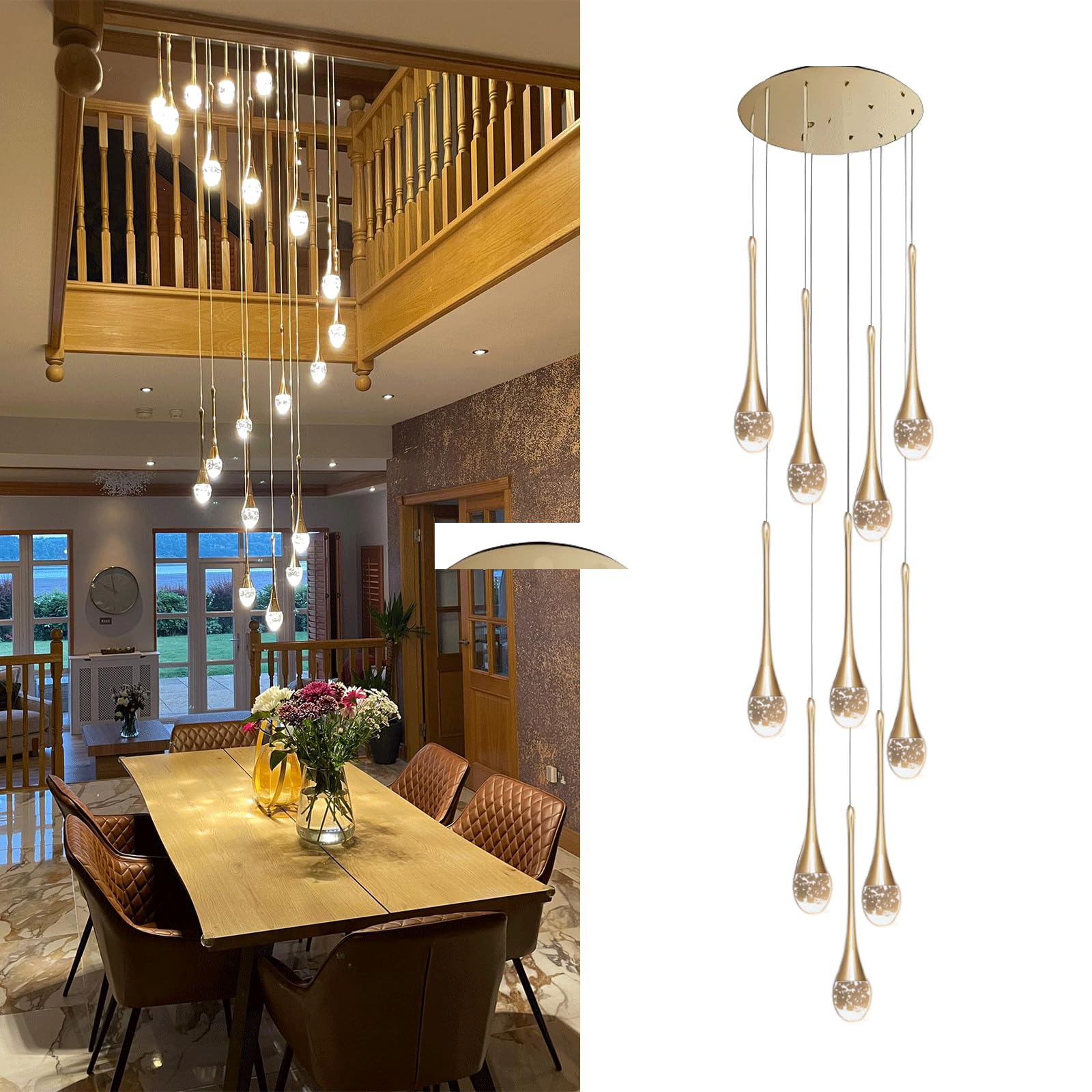LYMSXAZOU Crystal LED Chandelier Staircase - Modern Adjustable Length Ceiling Lights for Living Room Hotel Entryway Long Pendant Lamp Foyer Villa Duplex Hallway